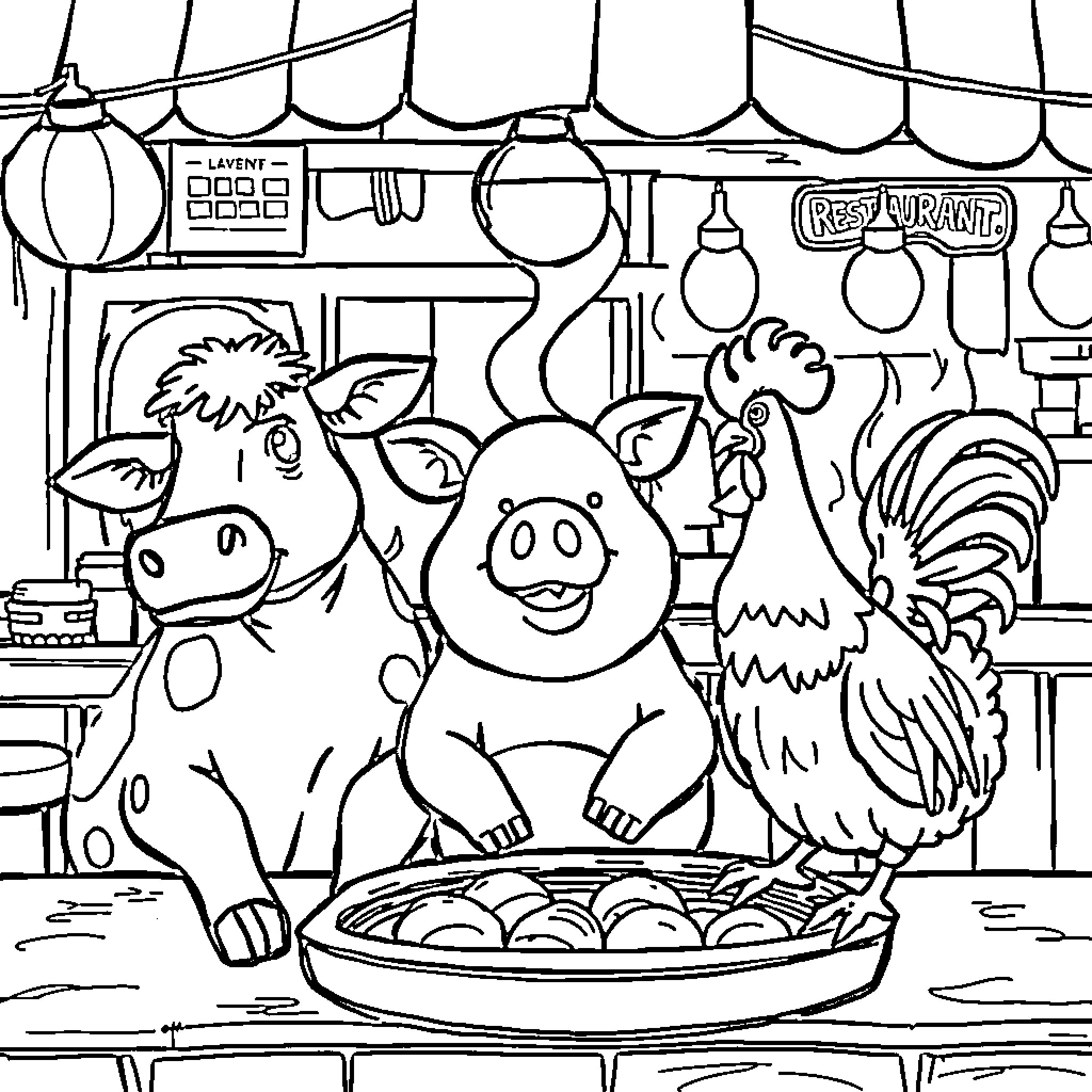 Farm Animal Feeding Time at the Restaurant Coloring Page (free black-and-white line drawing printable PDF for all, from beginners to advanced learners, including children, teens, adults, and seniors)