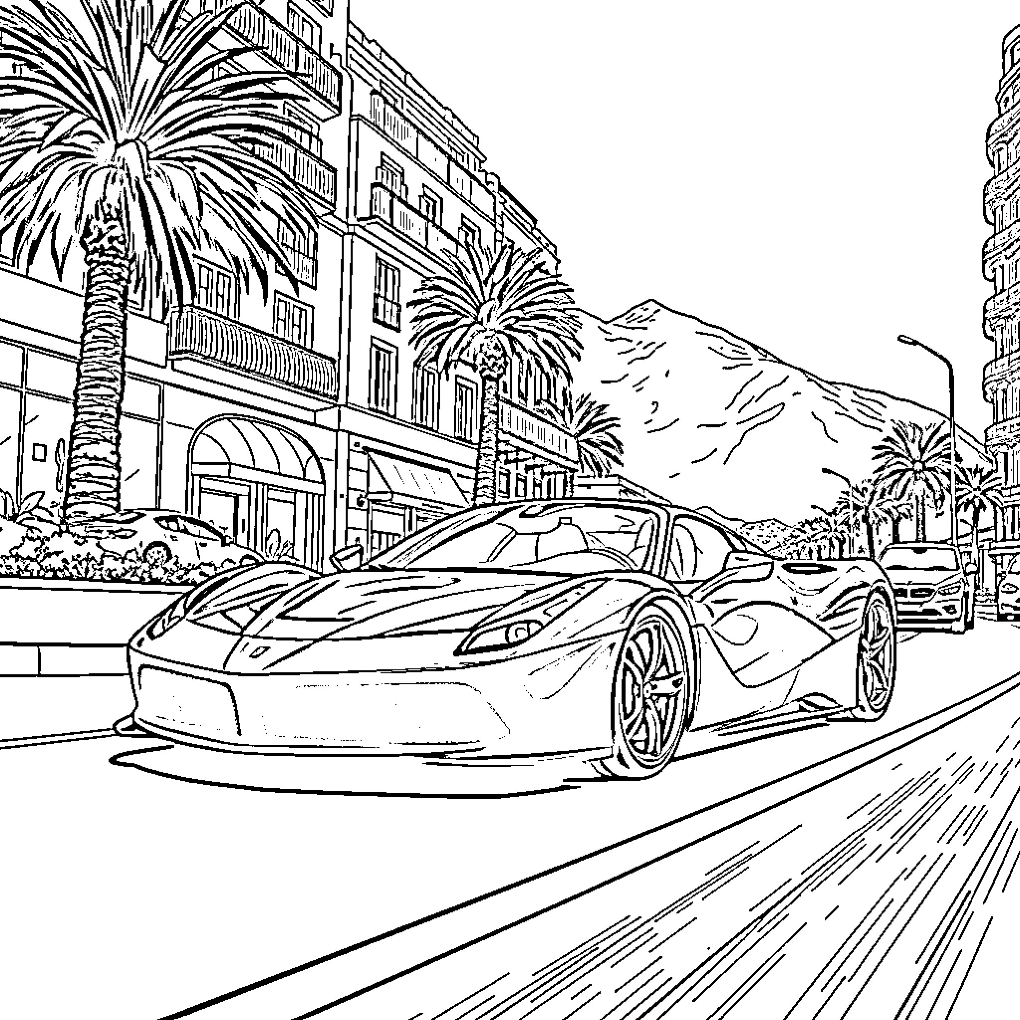 Ferrari sports car speeding through a palm-lined avenue Coloring Page (free black-and-white line drawing printable PDF for all, from beginners to advanced learners, including children, teens, adults, and seniors)
