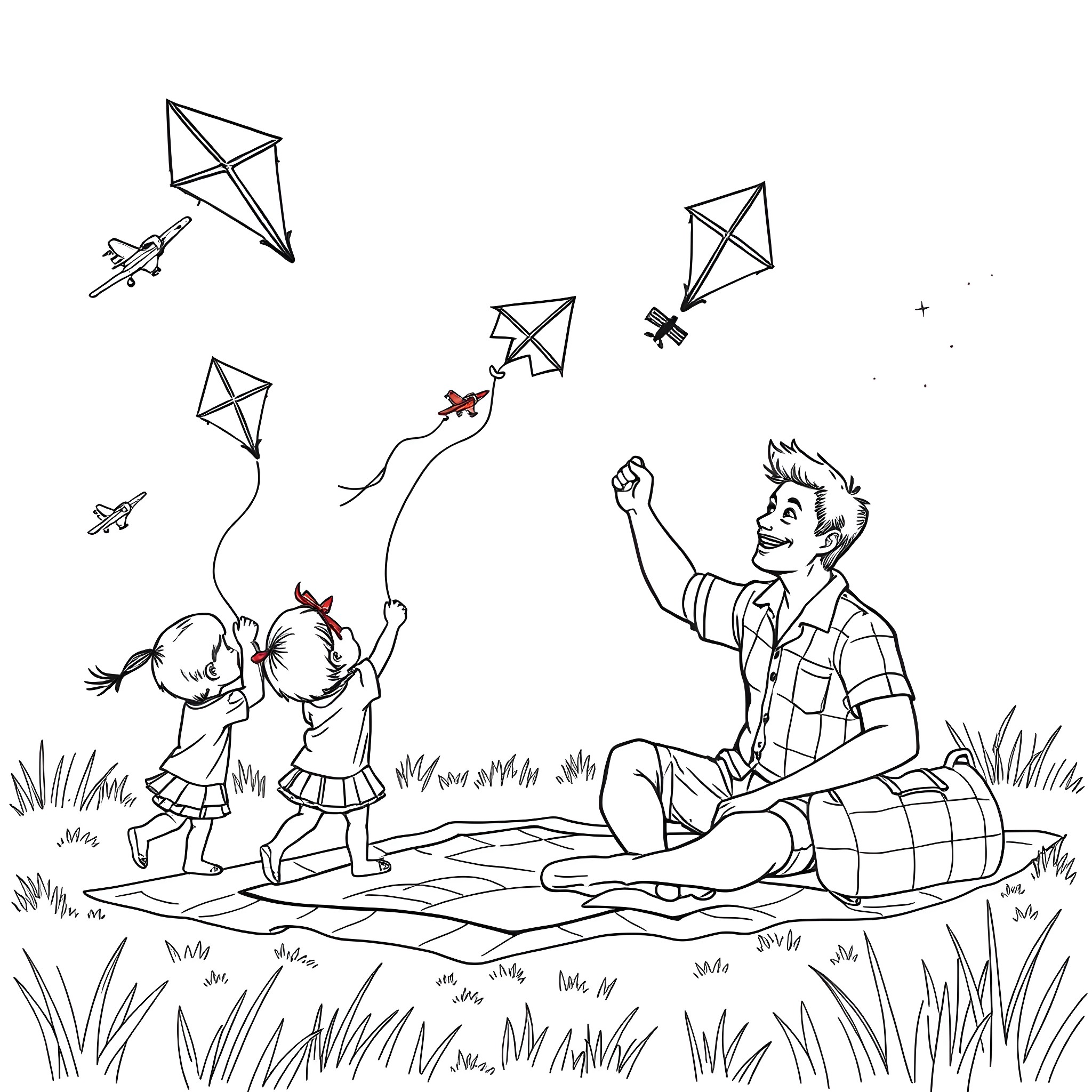 Airplane-shaped kites being flown by children on a grassy field Coloring Page (free black-and-white line drawing printable PDF for all, from beginners to advanced learners, including children, teens, adults, and seniors)