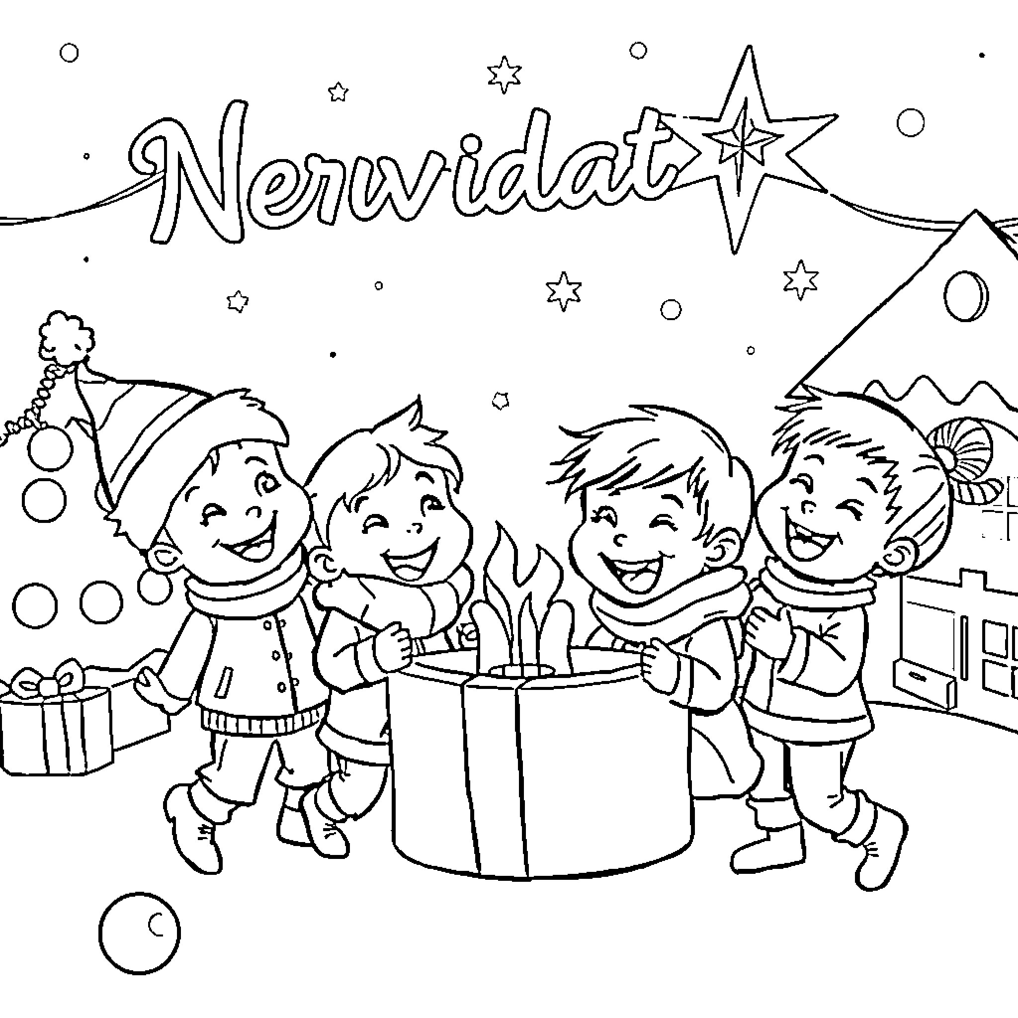 Children celebrating a winter holiday together Coloring Page (free black-and-white line drawing printable PDF for all, from beginners to advanced learners, including children, teens, adults, and seniors)