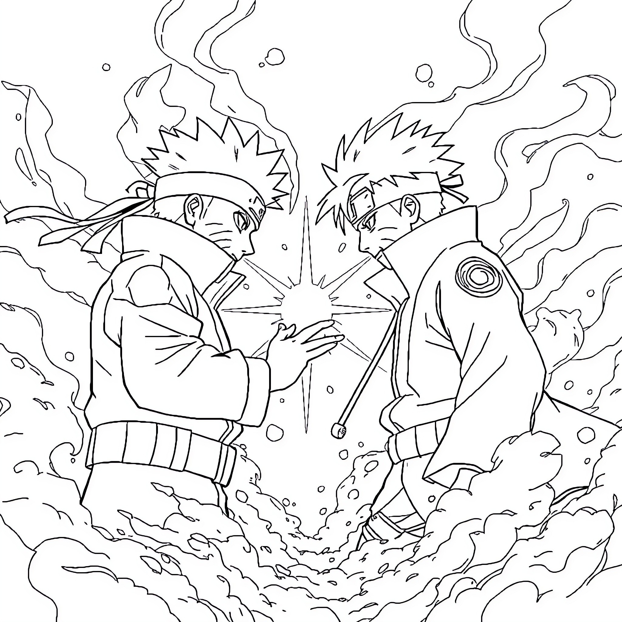 Naruto characters in action-packed battle scene Coloring Page (free black-and-white line drawing printable PDF for all, from beginners to advanced learners, including children, teens, adults, and seniors)