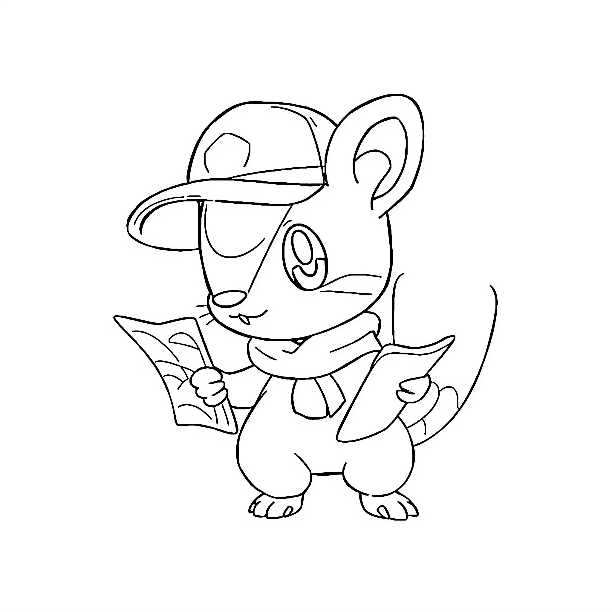 Mew Pokemon Exploring and Reading a Book Coloring Page (free black-and-white line drawing printable PDF for all, from beginners to advanced learners, including children, teens, adults, and seniors)