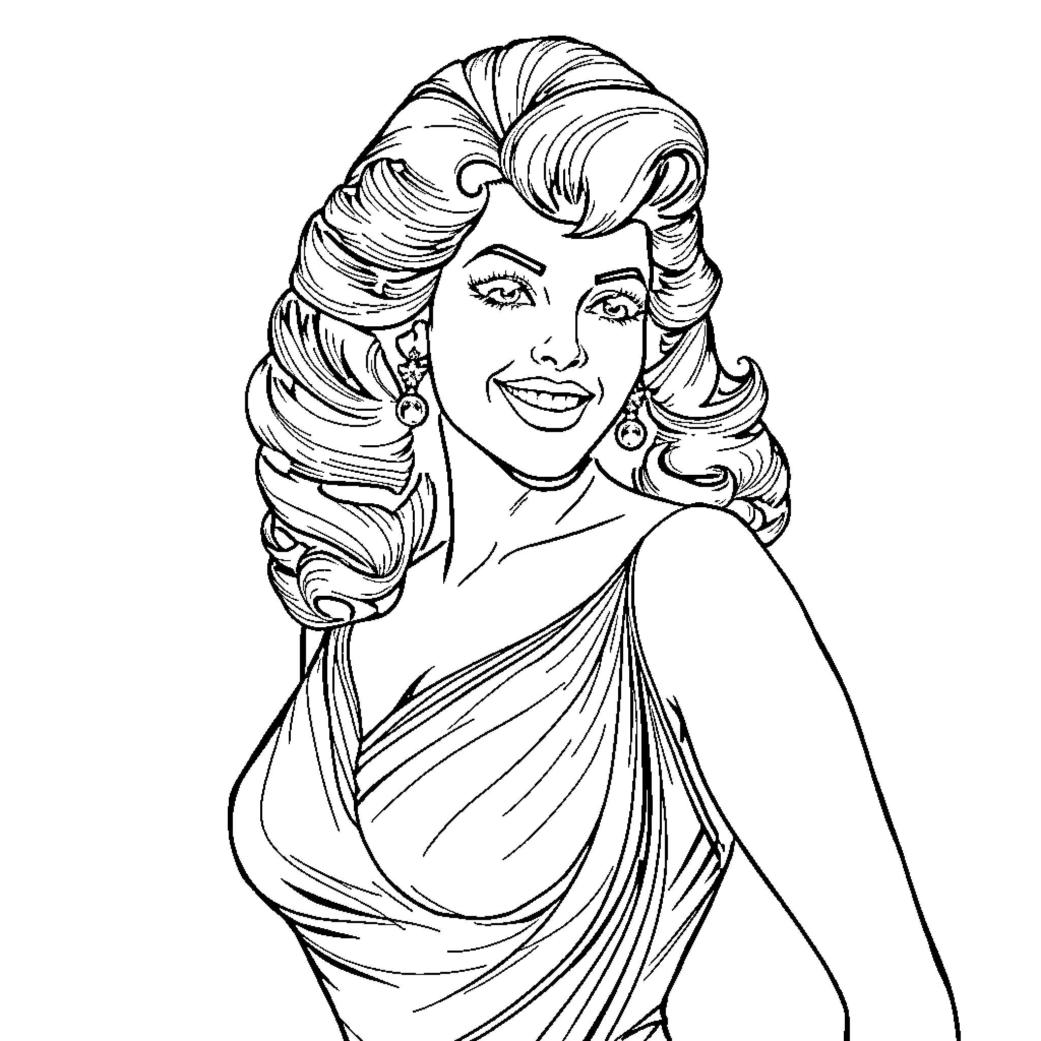 Jayne Mansfield in glamorous gown and hairstyle Coloring Page (free black-and-white line drawing printable PDF for all, from beginners to advanced learners, including children, teens, adults, and seniors)