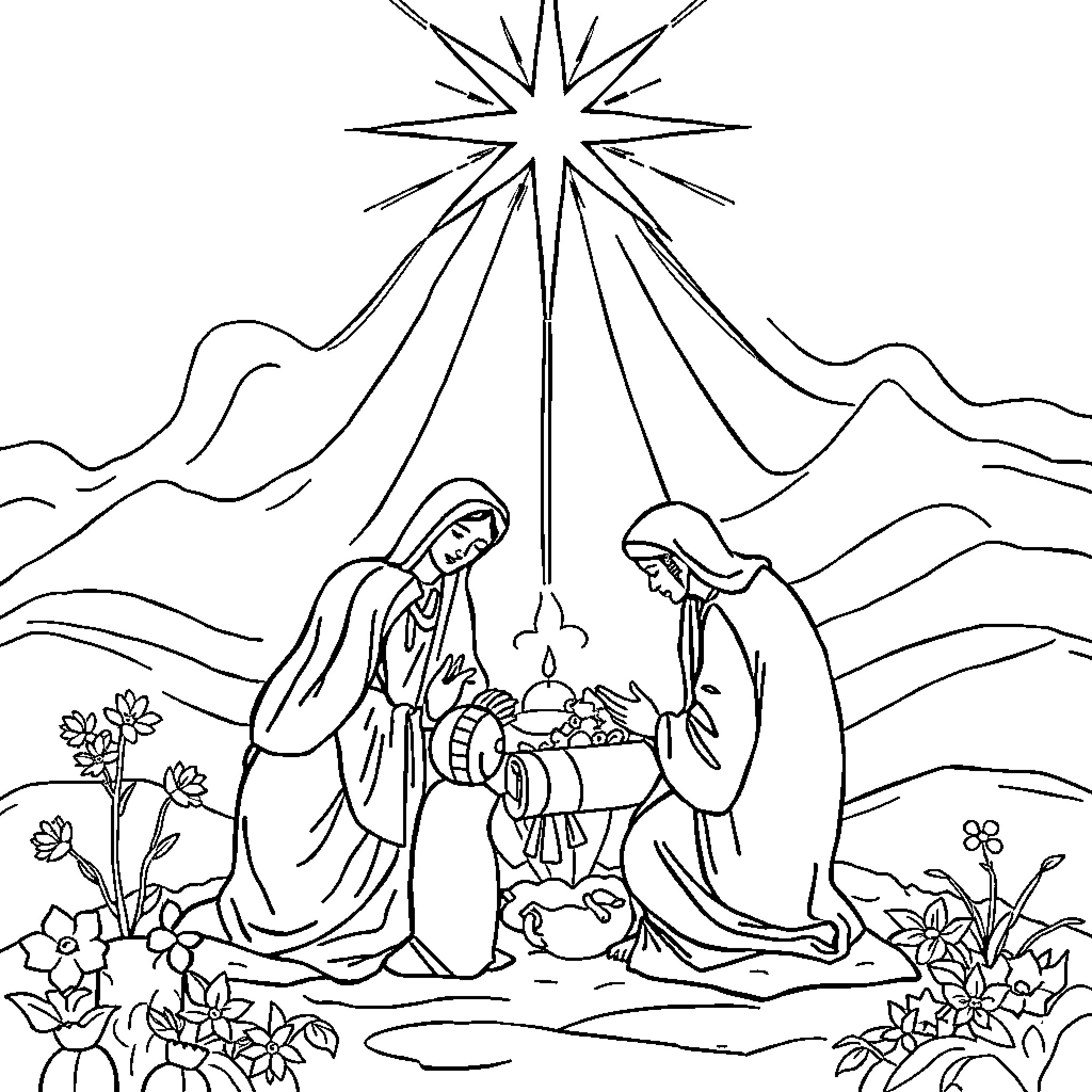 Miraculous Nativity Scene of Humble Birth Coloring Page (free black-and-white line drawing printable PDF for all, from beginners to advanced learners, including children, teens, adults, and seniors)
