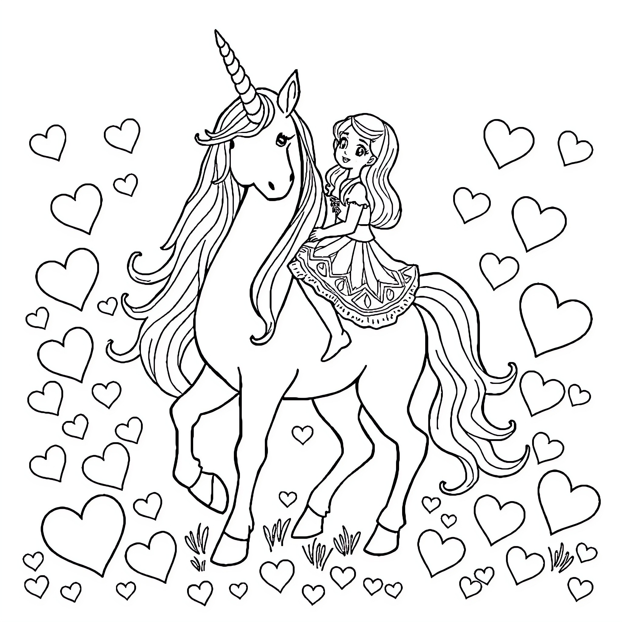 Unicorn and young girl in magical meadow Coloring Page (free black-and-white line drawing printable PDF for all, from beginners to advanced learners, including children, teens, adults, and seniors)
