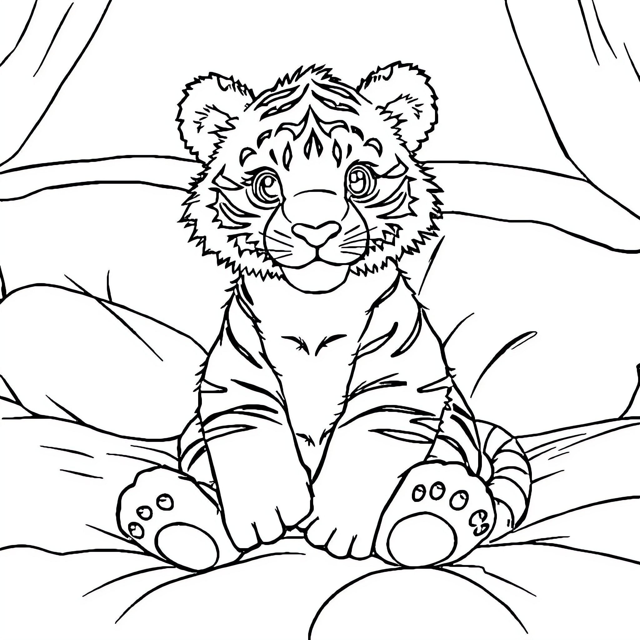 Tiger cub resting in the wild Coloring Page (free black-and-white line drawing printable PDF for all, from beginners to advanced learners, including children, teens, adults, and seniors)