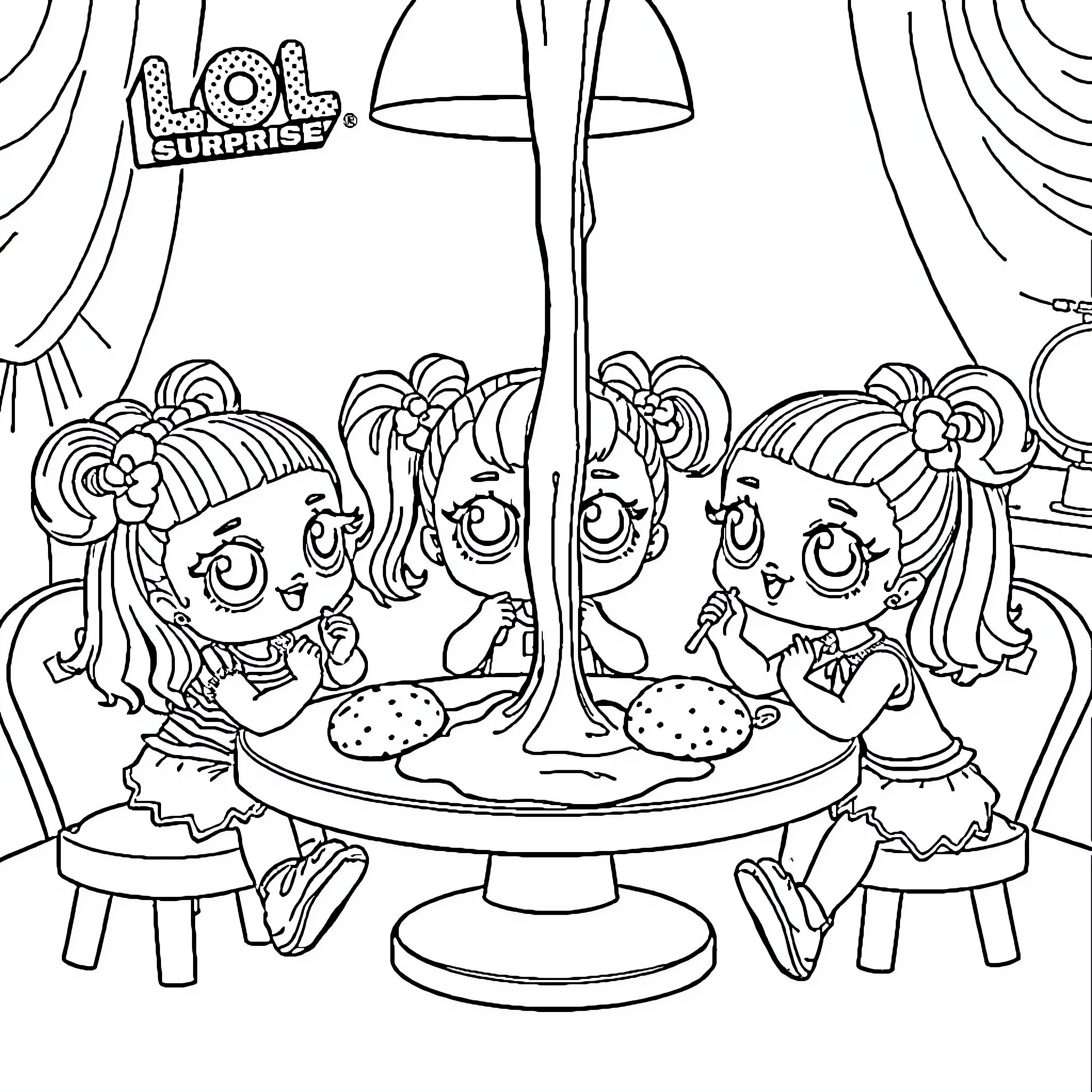Doll Surprise Sisters Enjoying Snacks Coloring Page (free black-and-white line drawing printable PDF for all, from beginners to advanced learners, including children, teens, adults, and seniors)