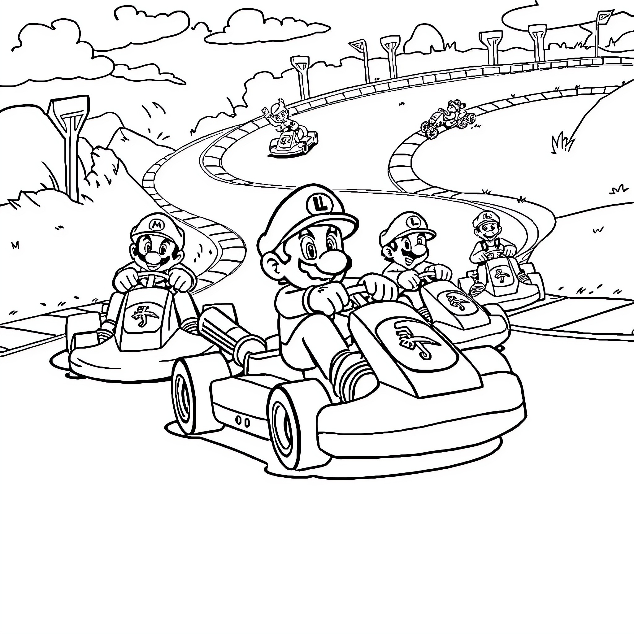 Mario and Friends Race on a Winding Track Coloring Page (free black-and-white line drawing printable PDF for all, from beginners to advanced learners, including children, teens, adults, and seniors)