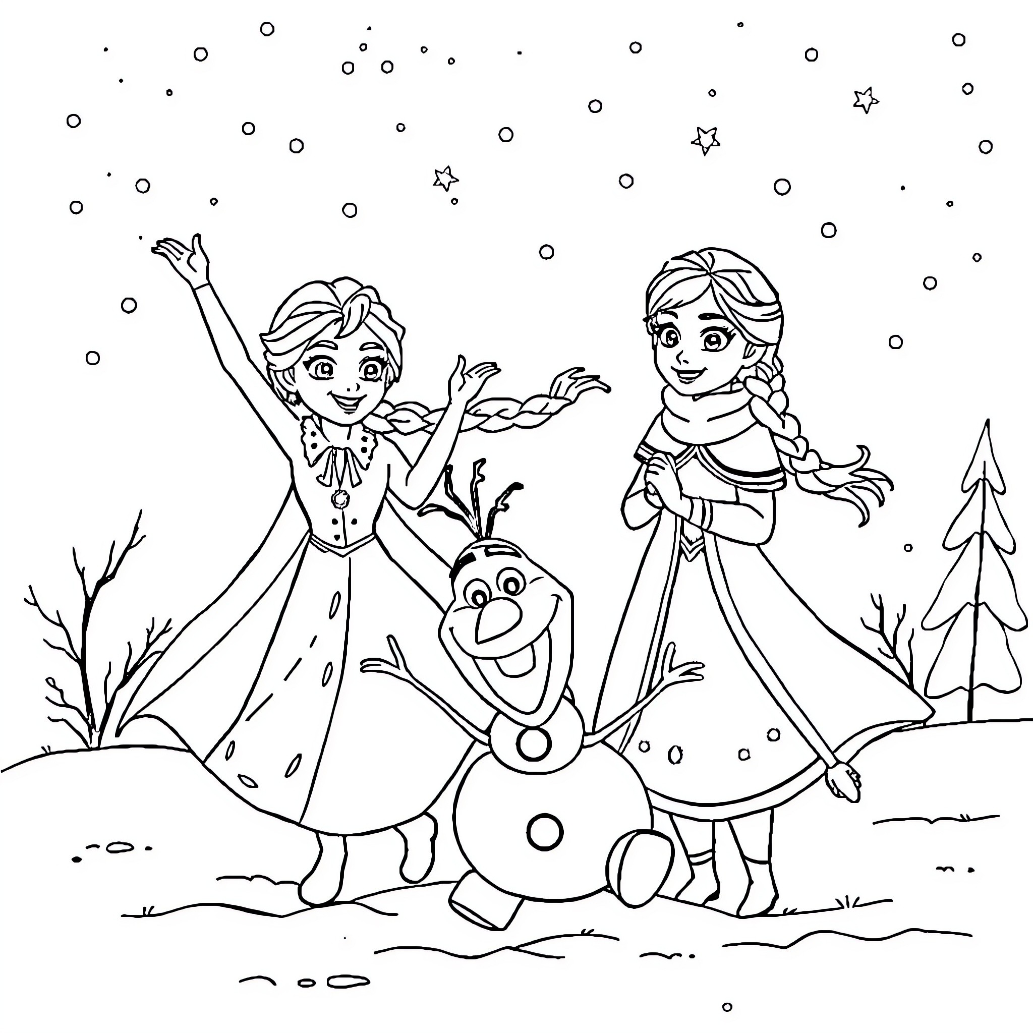Elsa and Anna's Snowy Adventure Coloring Page (free black-and-white line drawing printable PDF for all, from beginners to advanced learners, including children, teens, adults, and seniors)