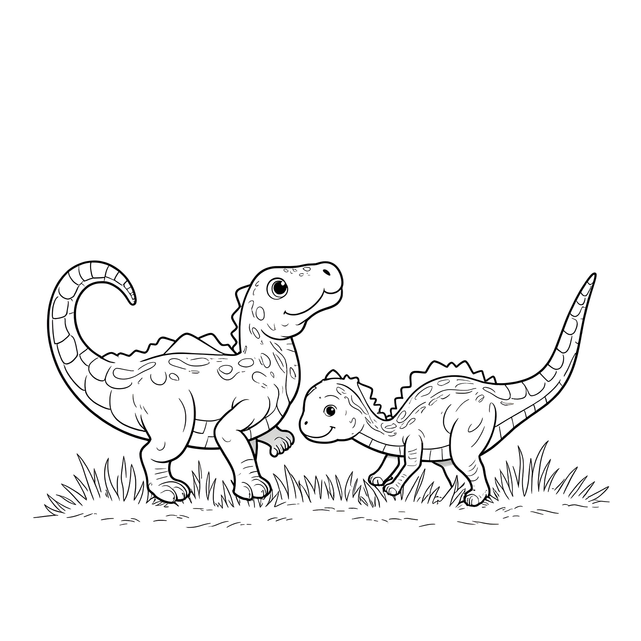 Ankylosaurus family in the wild Coloring Page (free black-and-white line drawing printable PDF for all, from beginners to advanced learners, including children, teens, adults, and seniors)