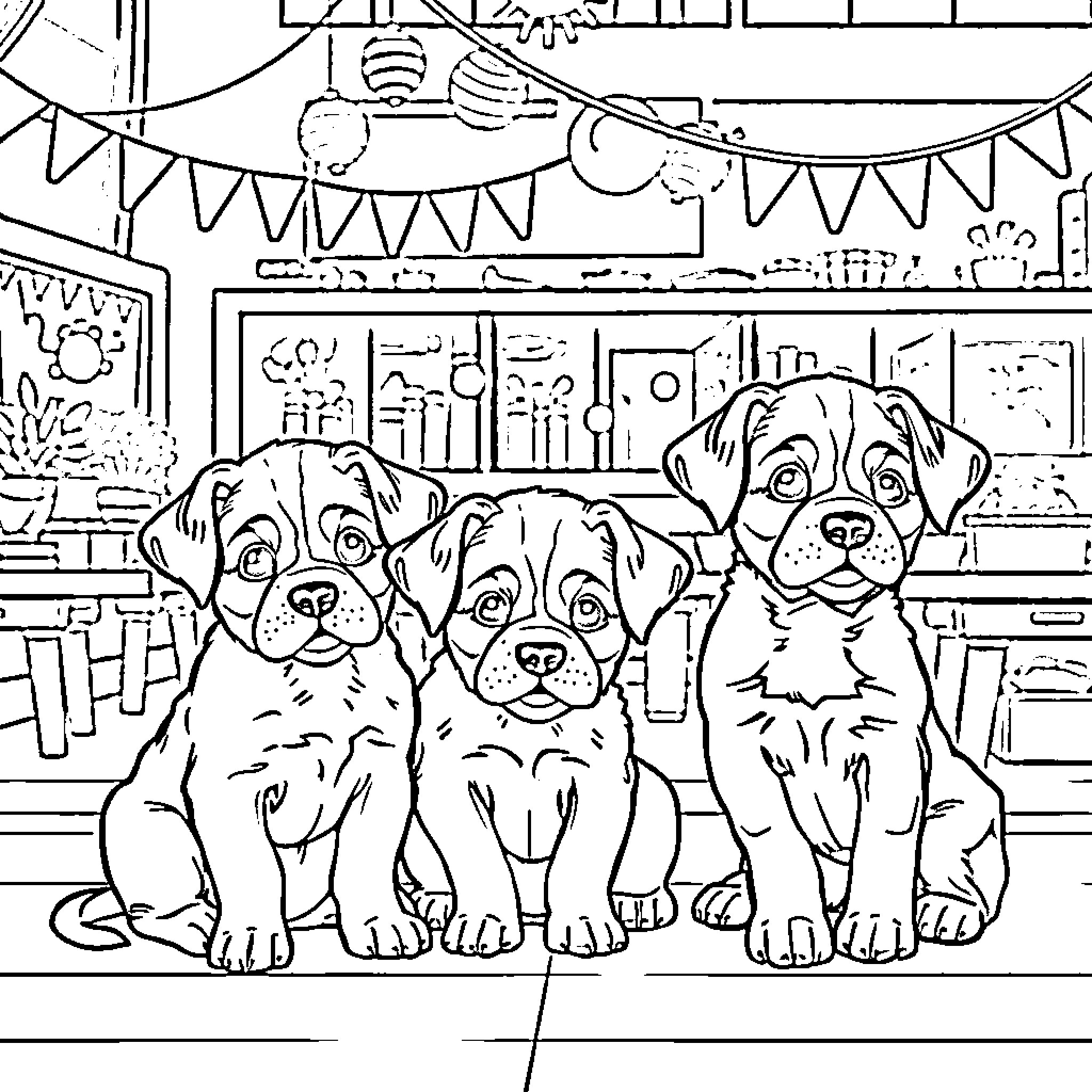 Puppy Party Pups Posing for Picture Coloring Page (free black-and-white line drawing printable PDF for all, from beginners to advanced learners, including children, teens, adults, and seniors)