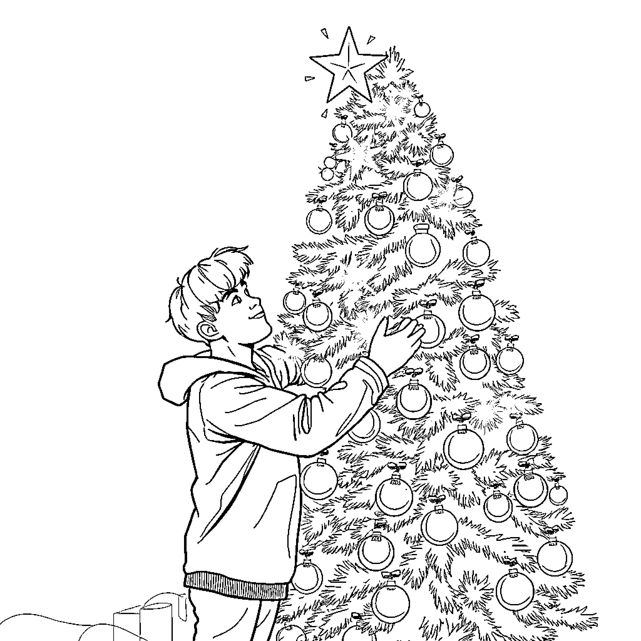 Justin Bieber decorating a Christmas tree Coloring Page (free black-and-white line drawing printable PDF for all, from beginners to advanced learners, including children, teens, adults, and seniors)