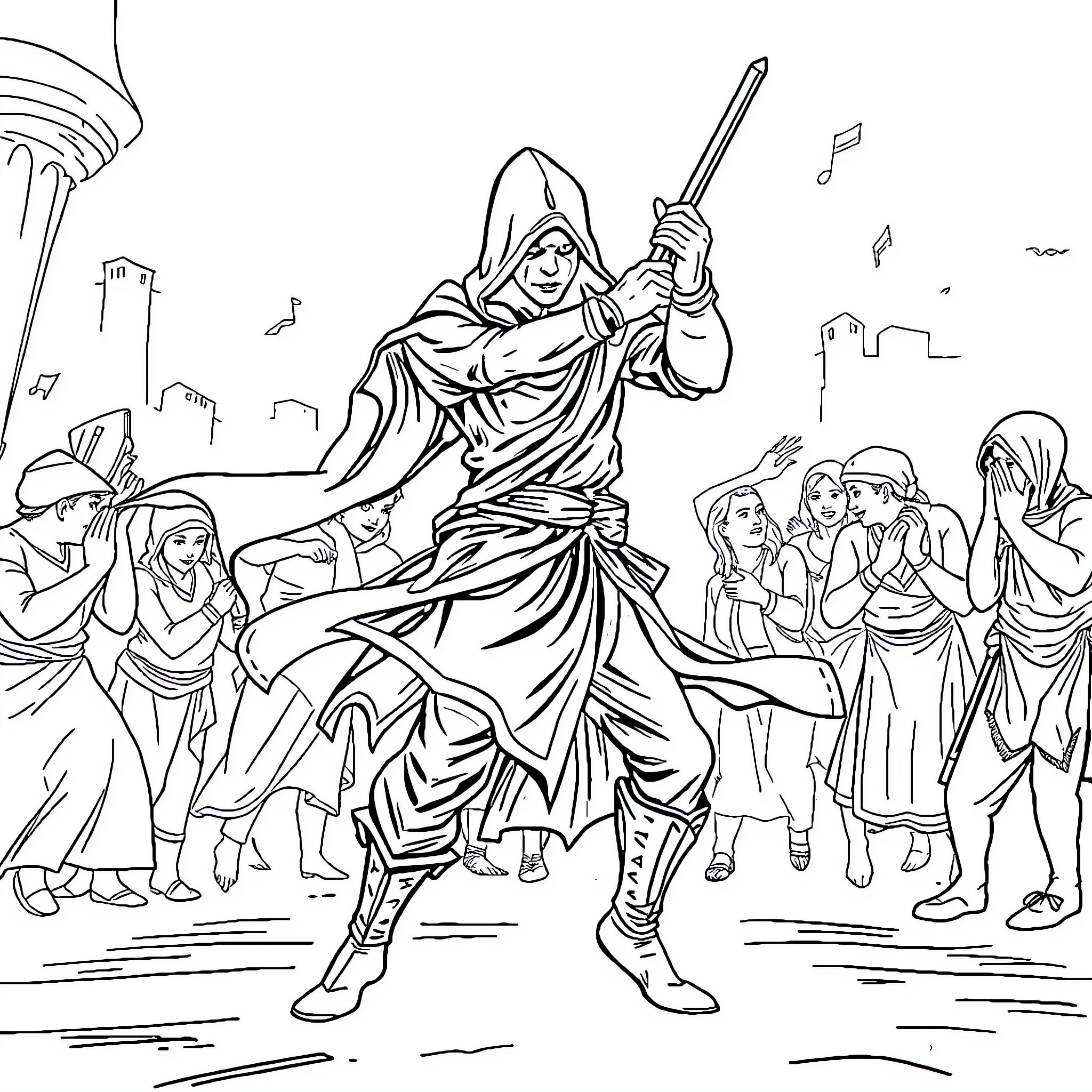 Cappuccino: Heroic figure battles amid onlookers Coloring Page (free black-and-white line drawing printable PDF for all, from beginners to advanced learners, including children, teens, adults, and seniors)