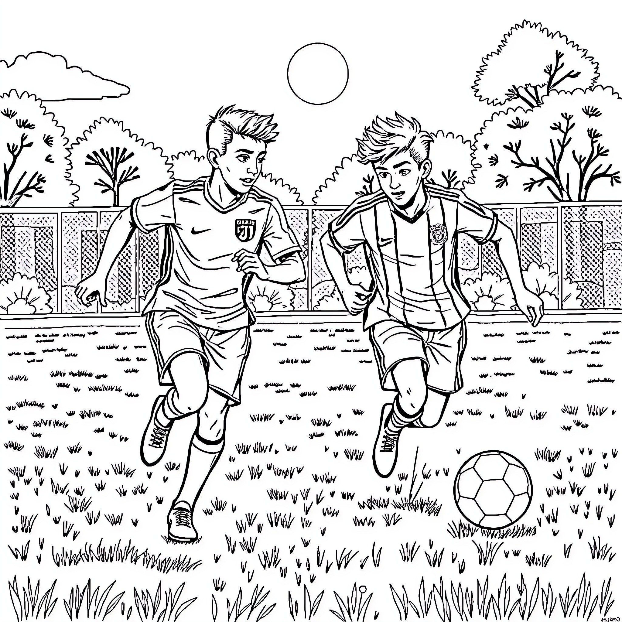Futbol Players Competing in Outdoor Match Coloring Page (free black-and-white line drawing printable PDF for all, from beginners to advanced learners, including children, teens, adults, and seniors)