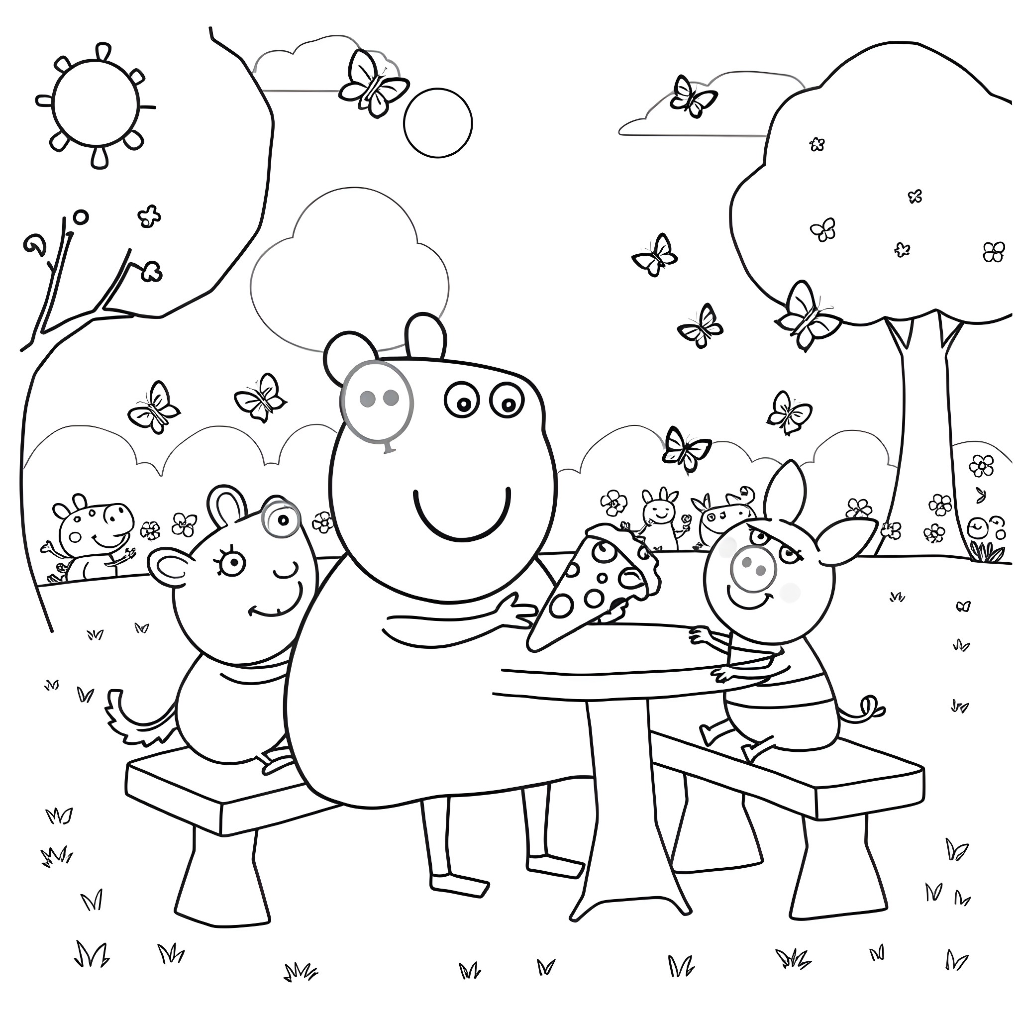 Peppa Pig's family enjoying a picnic outdoors Coloring Page (free black-and-white line drawing printable PDF for all, from beginners to advanced learners, including children, teens, adults, and seniors)