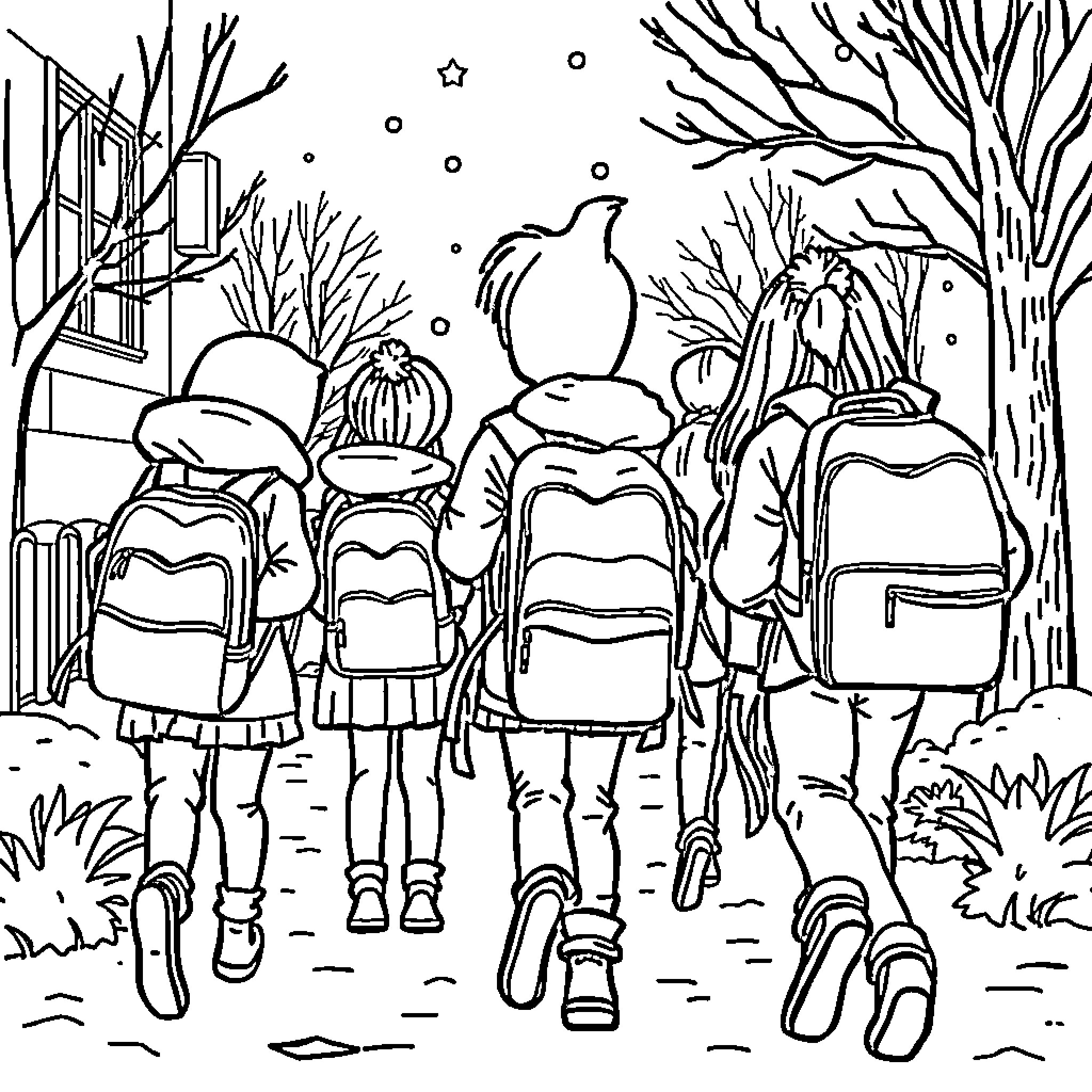 School Students Walking to Class in Snowy Landscape Coloring Page (free black-and-white line drawing printable PDF for all, from beginners to advanced learners, including children, teens, adults, and seniors)