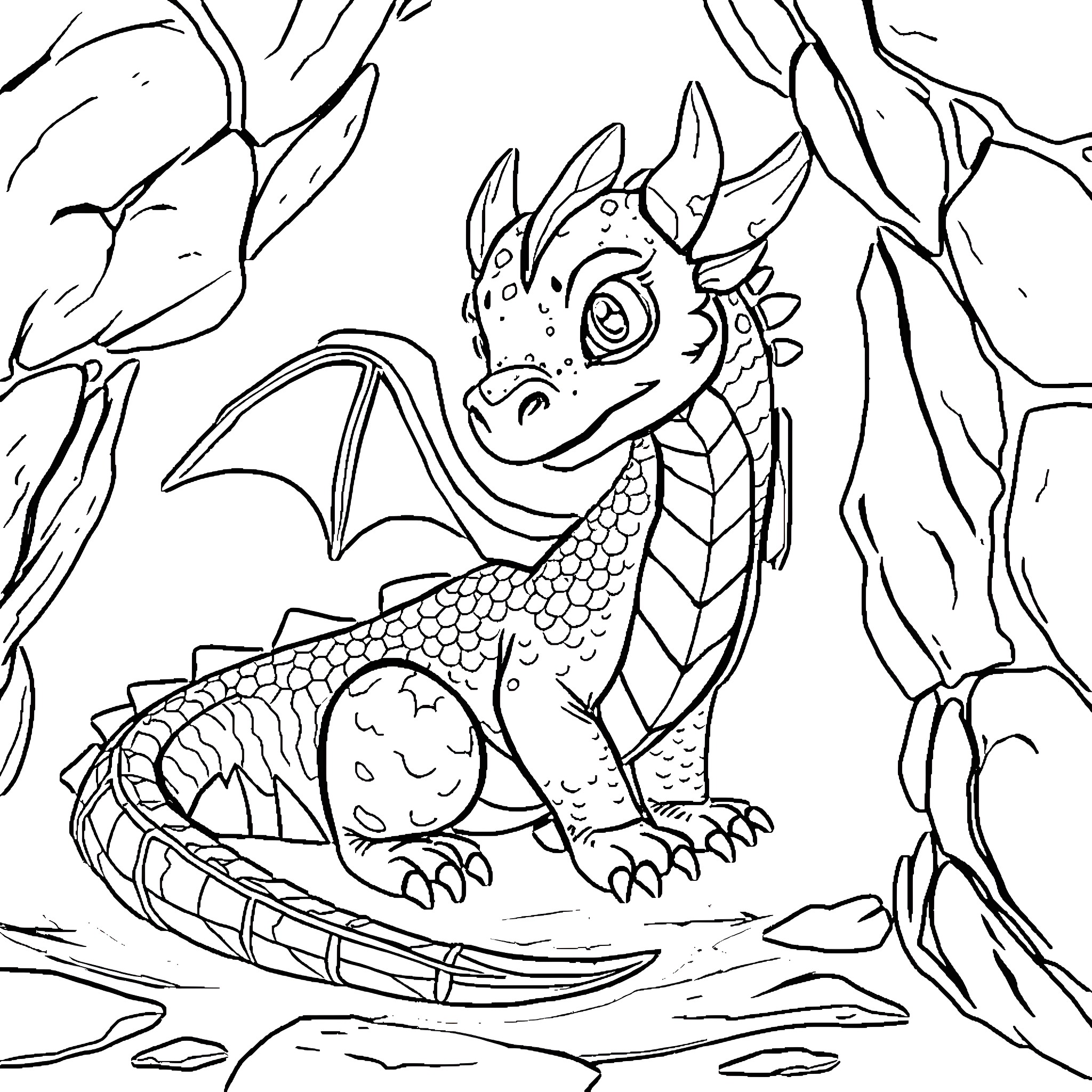 Dragon hatchling emerging from its nest Coloring Page (free black-and-white line drawing printable PDF for all, from beginners to advanced learners, including children, teens, adults, and seniors)