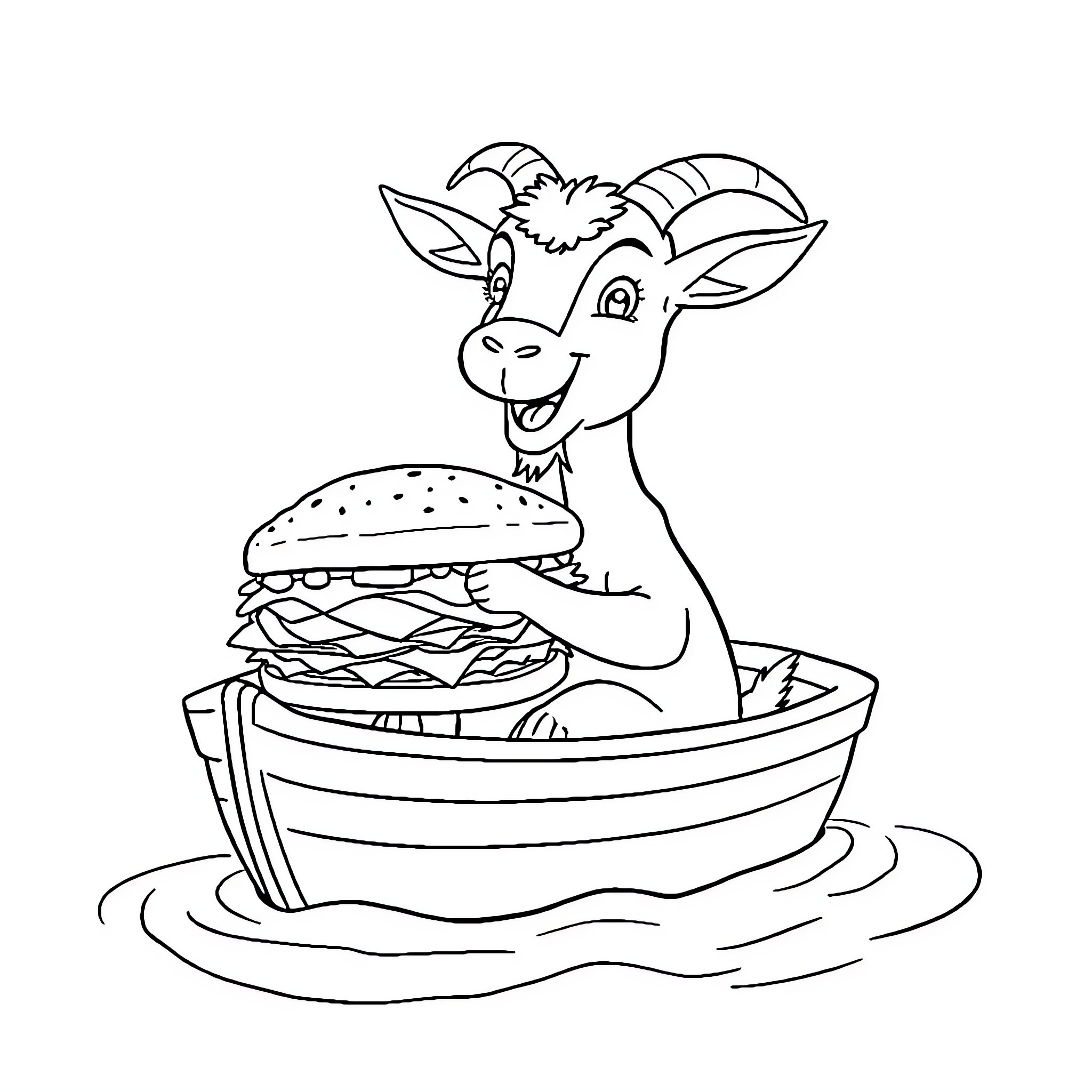 Goat enjoying a tasty burger in a boat Coloring Page (free black-and-white line drawing printable PDF for all, from beginners to advanced learners, including children, teens, adults, and seniors)