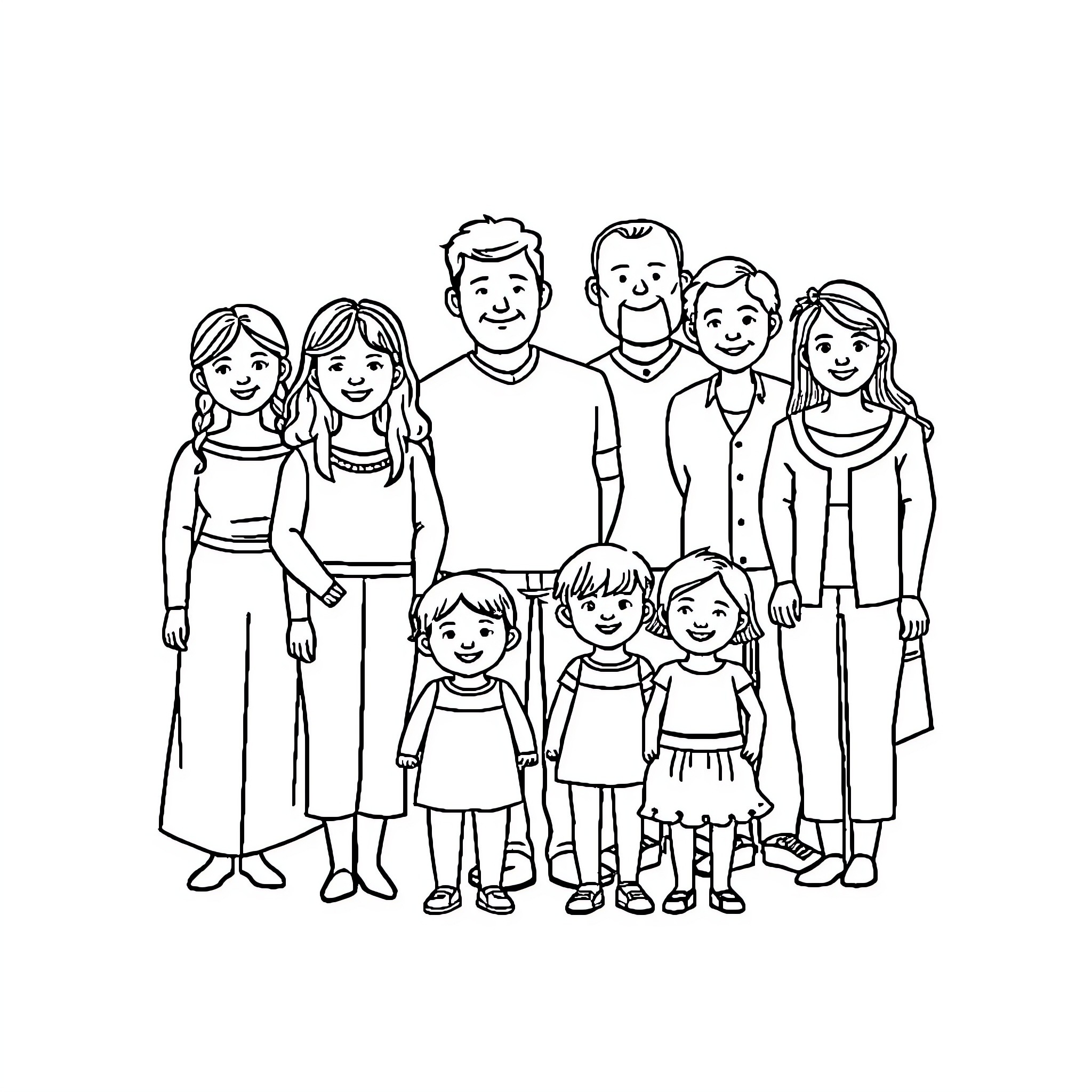 Family Gathering with Smiling Relatives Coloring Page (free black-and-white line drawing printable PDF for all, from beginners to advanced learners, including children, teens, adults, and seniors)