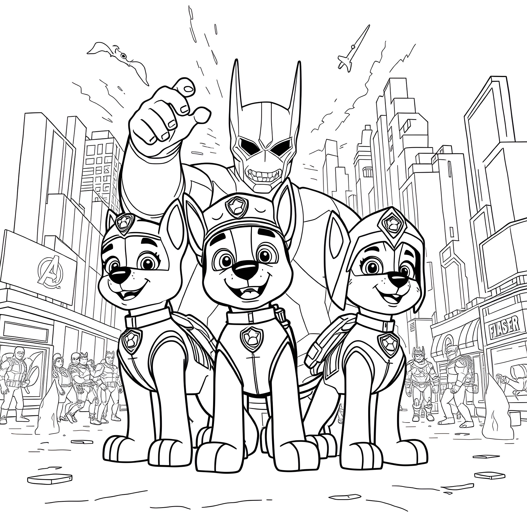 Paw Patrol team faces off against a city villain Coloring Page (free black-and-white line drawing printable PDF for all, from beginners to advanced learners, including children, teens, adults, and seniors)