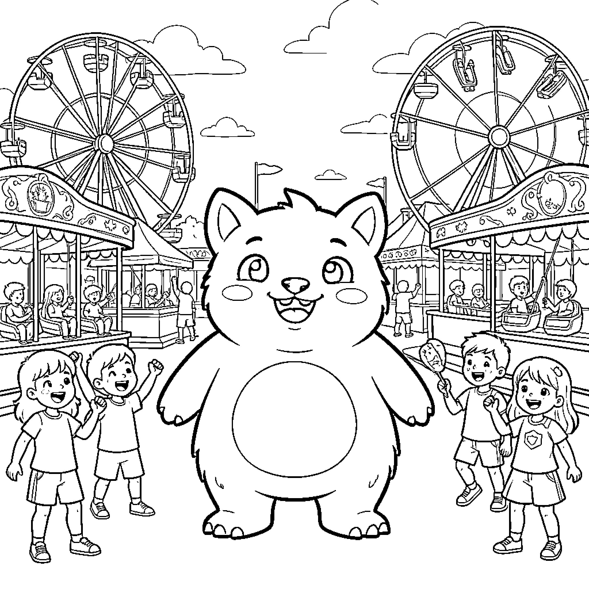 Monster celebrating with happy children at an amusement park Coloring Page (free black-and-white line drawing printable PDF for all, from beginners to advanced learners, including children, teens, adults, and seniors)
