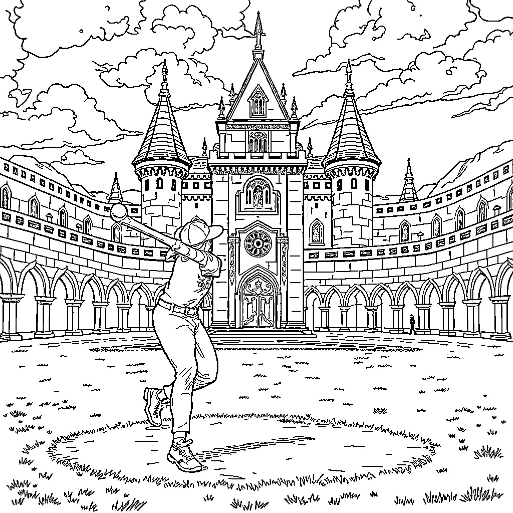 Baseball Player in Front of Majestic Castle Coloring Page (free black-and-white line drawing printable PDF for all, from beginners to advanced learners, including children, teens, adults, and seniors)