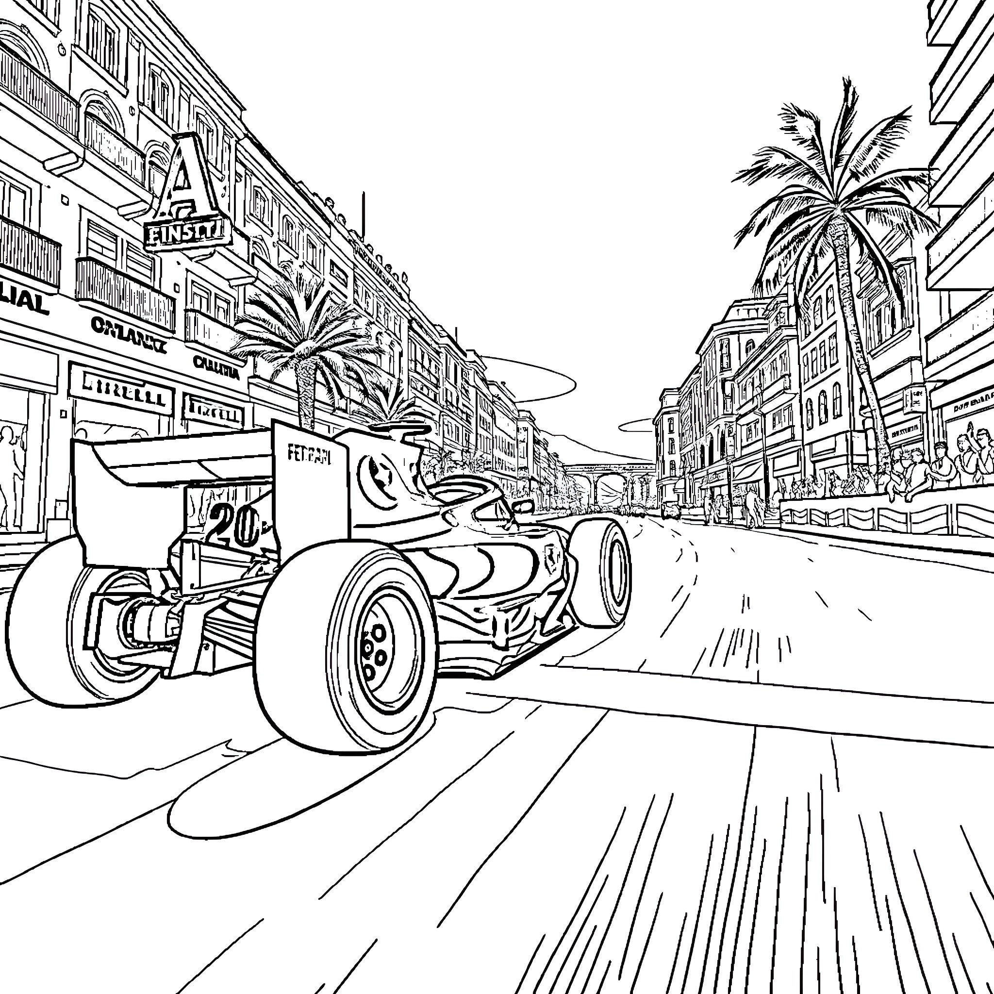 Ferrari racing through a bustling city street Coloring Page (free black-and-white line drawing printable PDF for all, from beginners to advanced learners, including children, teens, adults, and seniors)