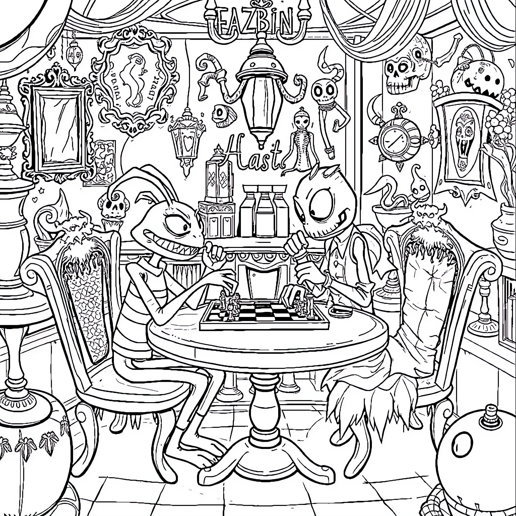 Springtrap's Mysterious Cabin Adventure Coloring Page (free black-and-white line drawing printable PDF for all, from beginners to advanced learners, including children, teens, adults, and seniors)