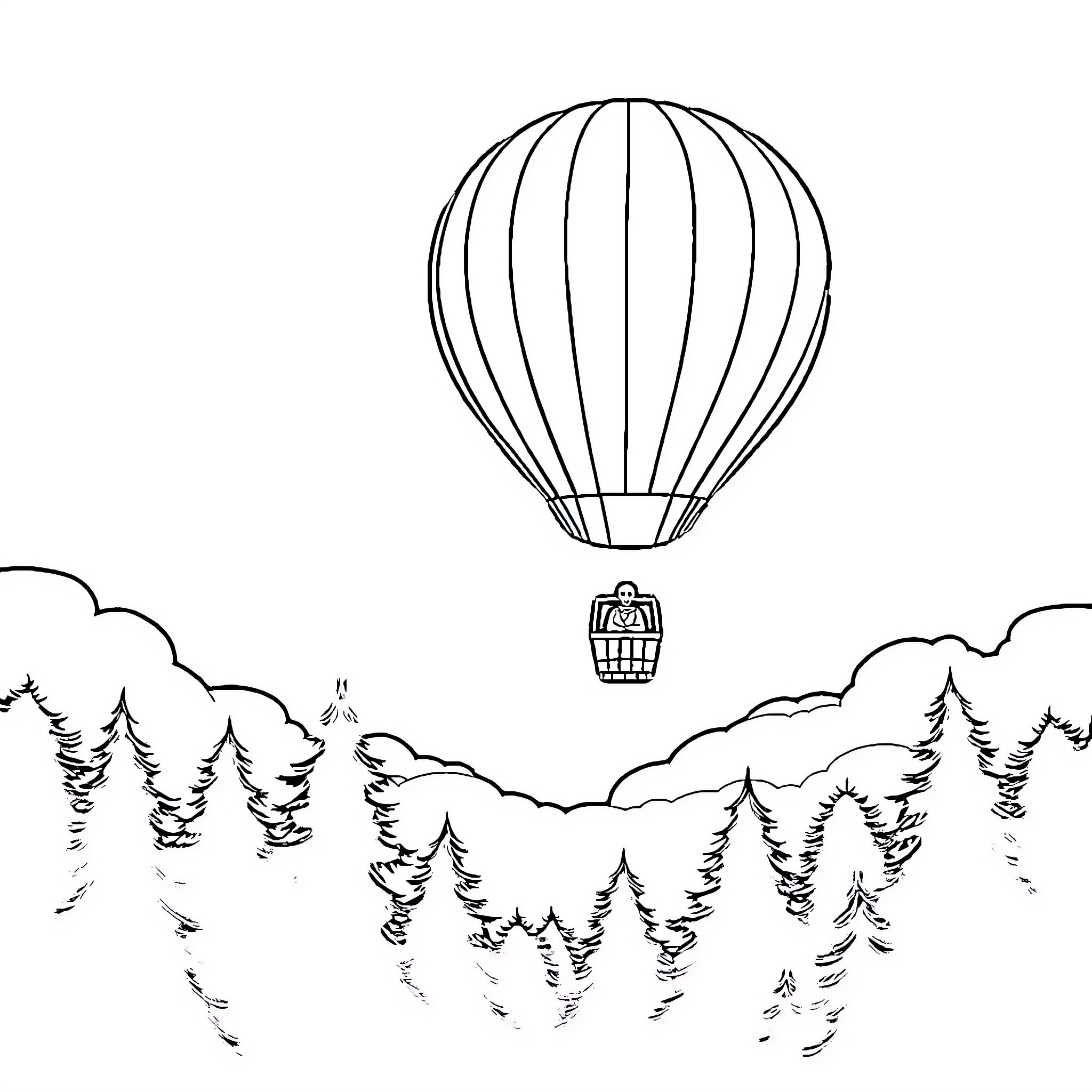 Hot Air Balloon Soaring Over Snowy Landscape Coloring Page (free black-and-white line drawing printable PDF for all, from beginners to advanced learners, including children, teens, adults, and seniors)