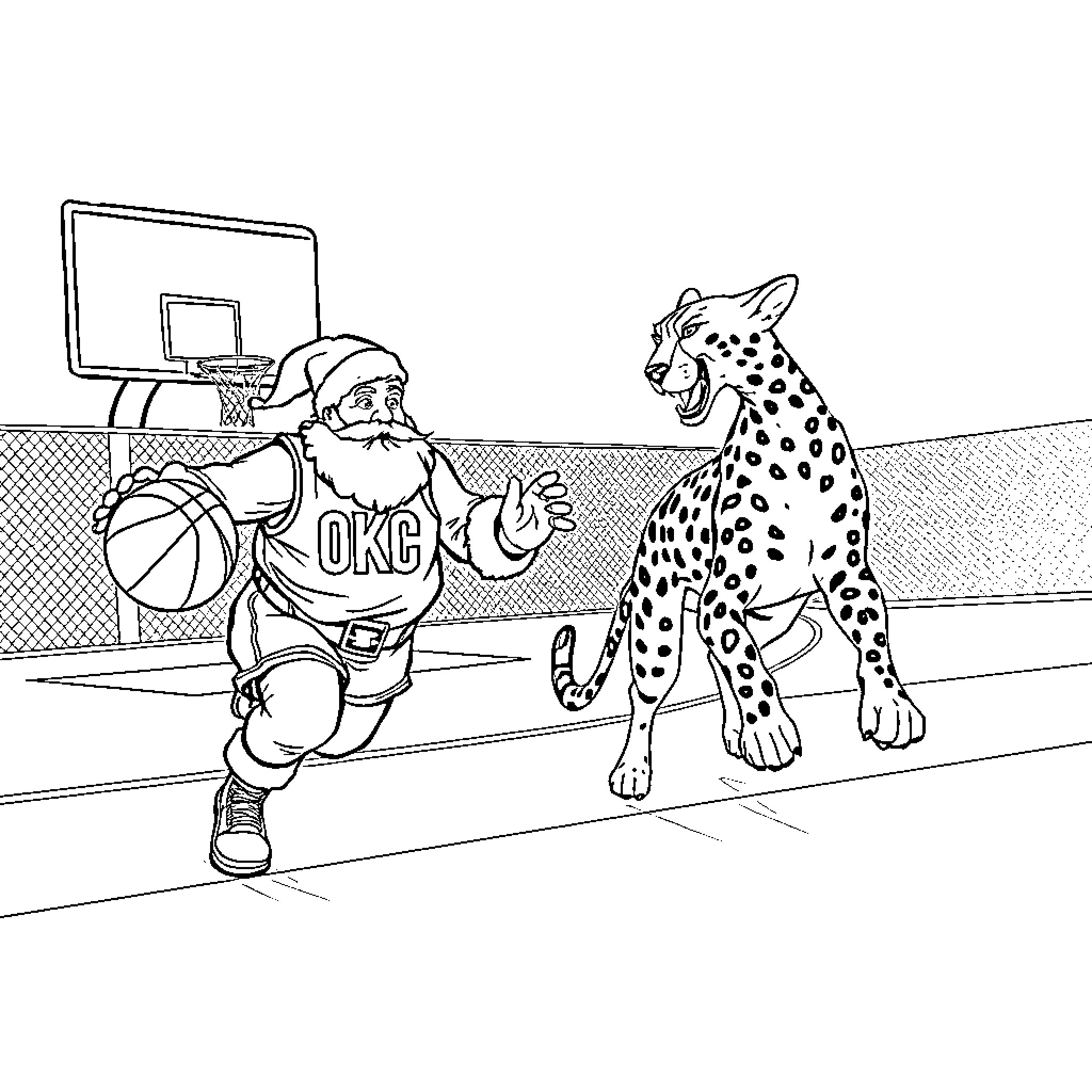Santa Playing Basketball with Leopard Coloring Page (free black-and-white line drawing printable PDF for all, from beginners to advanced learners, including children, teens, adults, and seniors)