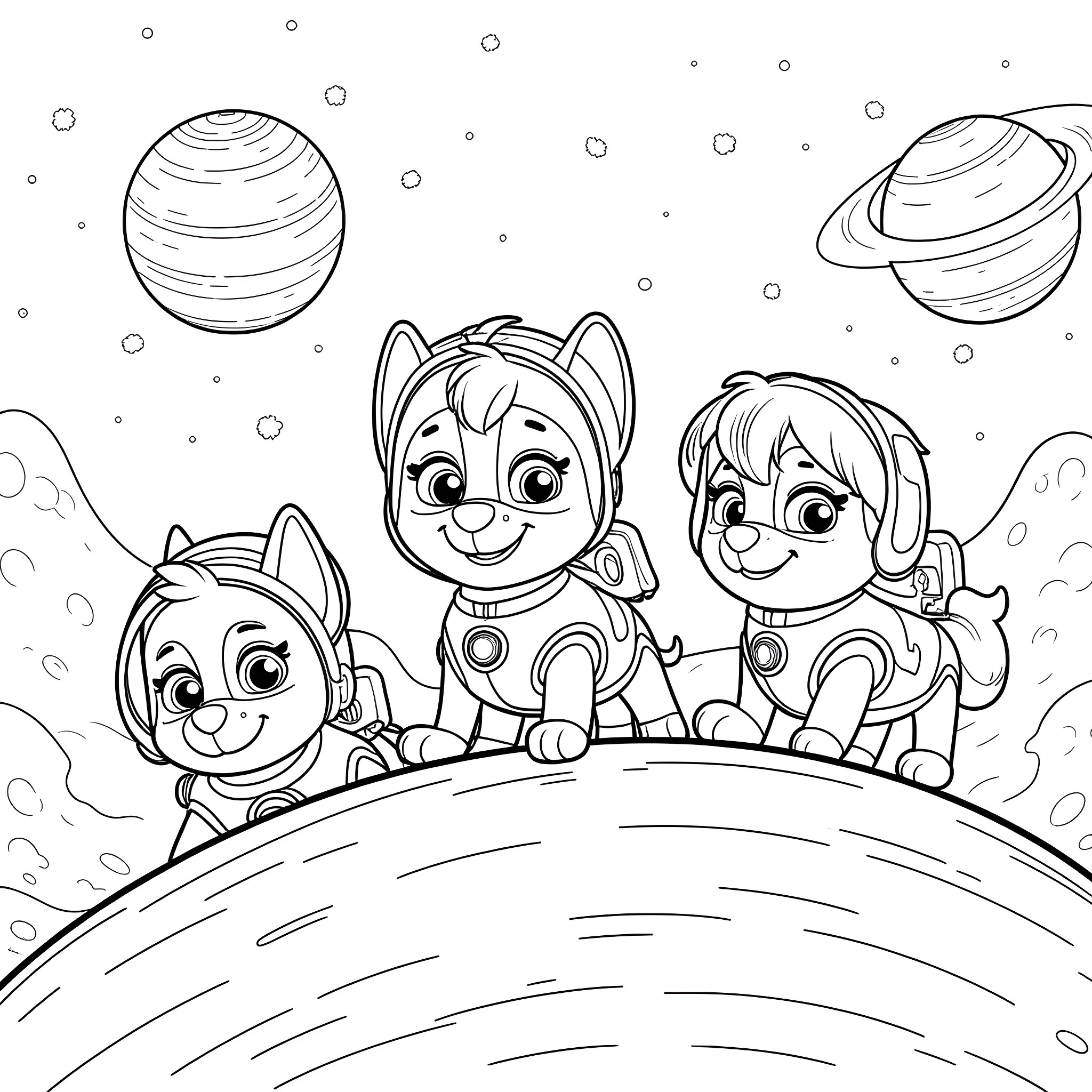 Paw Patrol Exploring the Outer Space Coloring Page (free black-and-white line drawing printable PDF for all, from beginners to advanced learners, including children, teens, adults, and seniors)