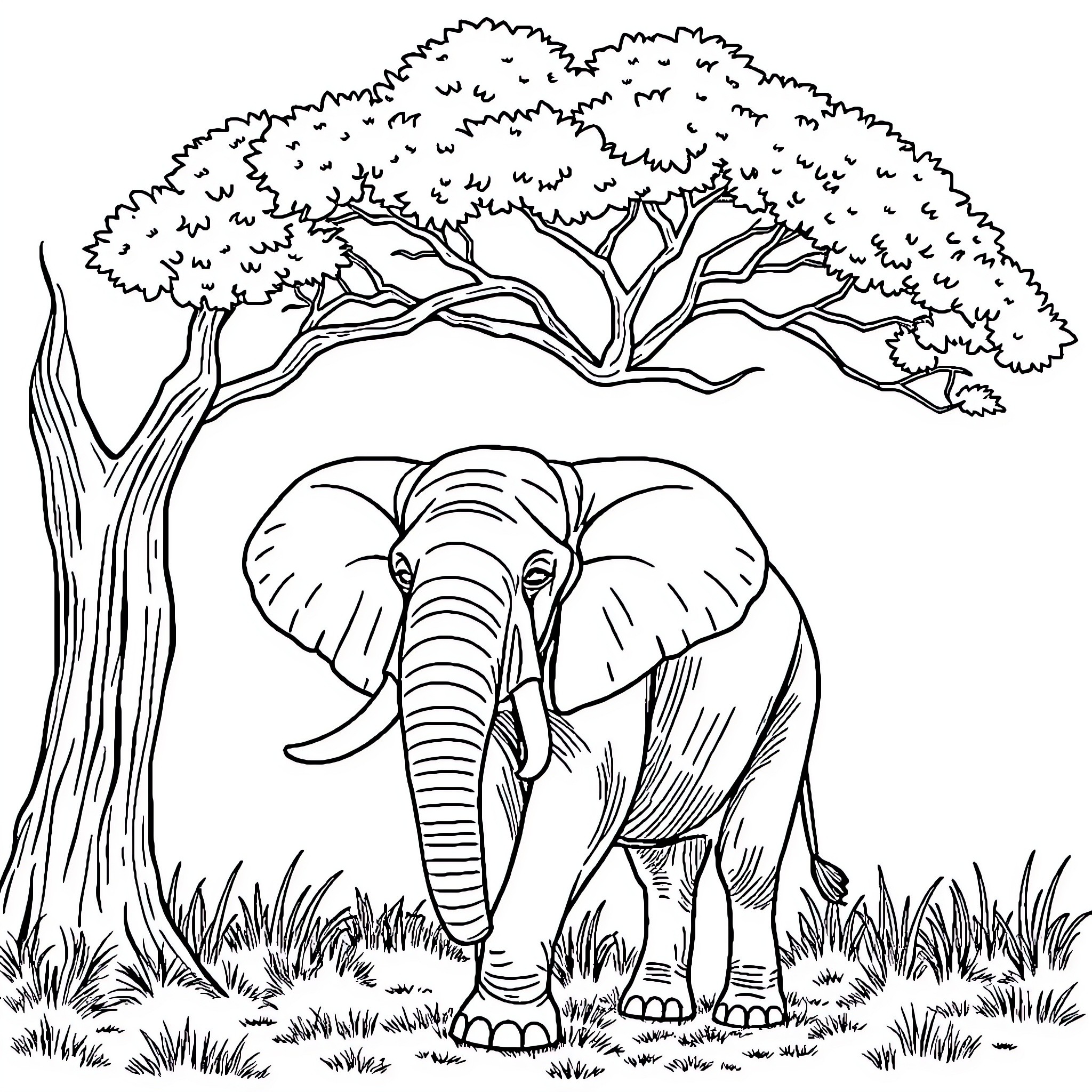 Elephant exploring the lush, verdant landscape Coloring Page (free black-and-white line drawing printable PDF for all, from beginners to advanced learners, including children, teens, adults, and seniors)