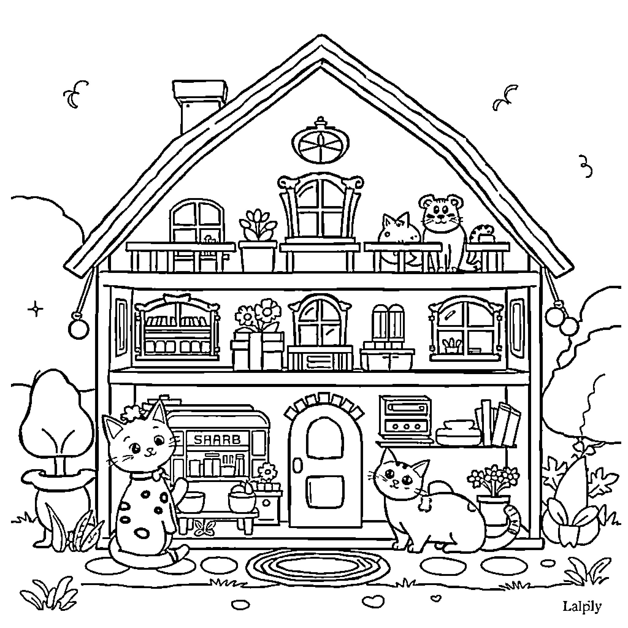 Dollhouse with Playful Feline Inhabitants Coloring Page (free black-and-white line drawing printable PDF for all, from beginners to advanced learners, including children, teens, adults, and seniors)