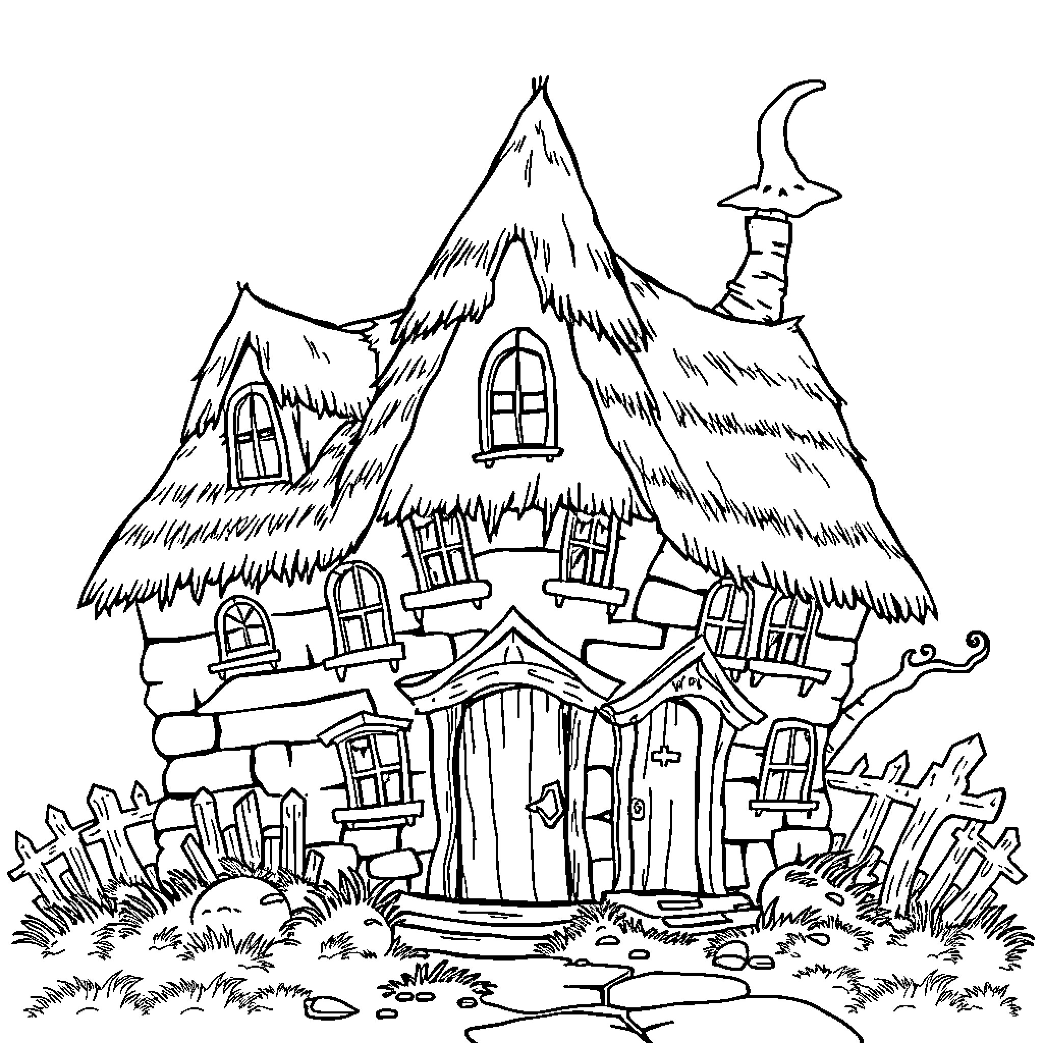 Witch House with Enchanting Details Coloring Page (free black-and-white line drawing printable PDF for all, from beginners to advanced learners, including children, teens, adults, and seniors)