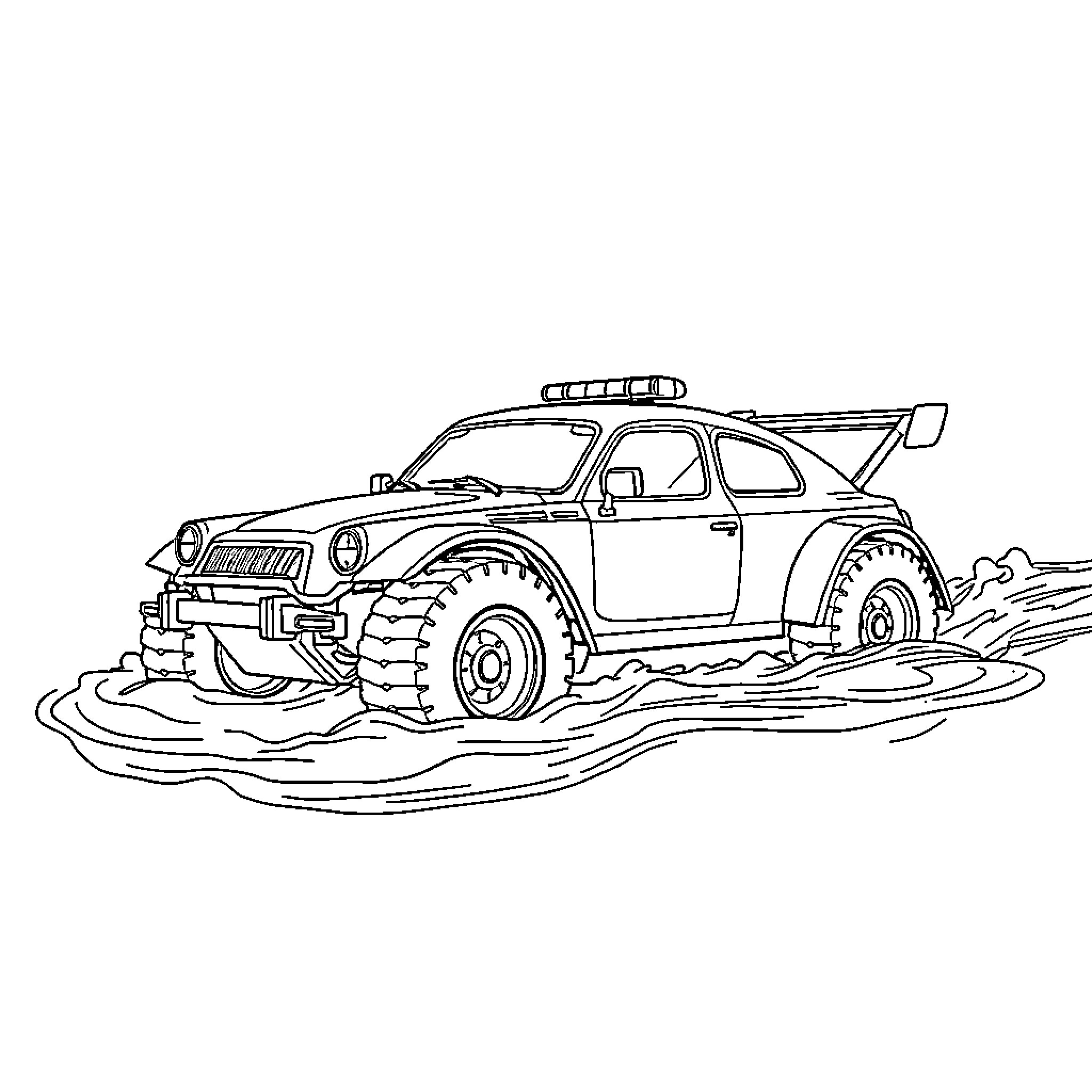 Amphibious Car driving through mud and water Coloring Page (free black-and-white line drawing printable PDF for all, from beginners to advanced learners, including children, teens, adults, and seniors)