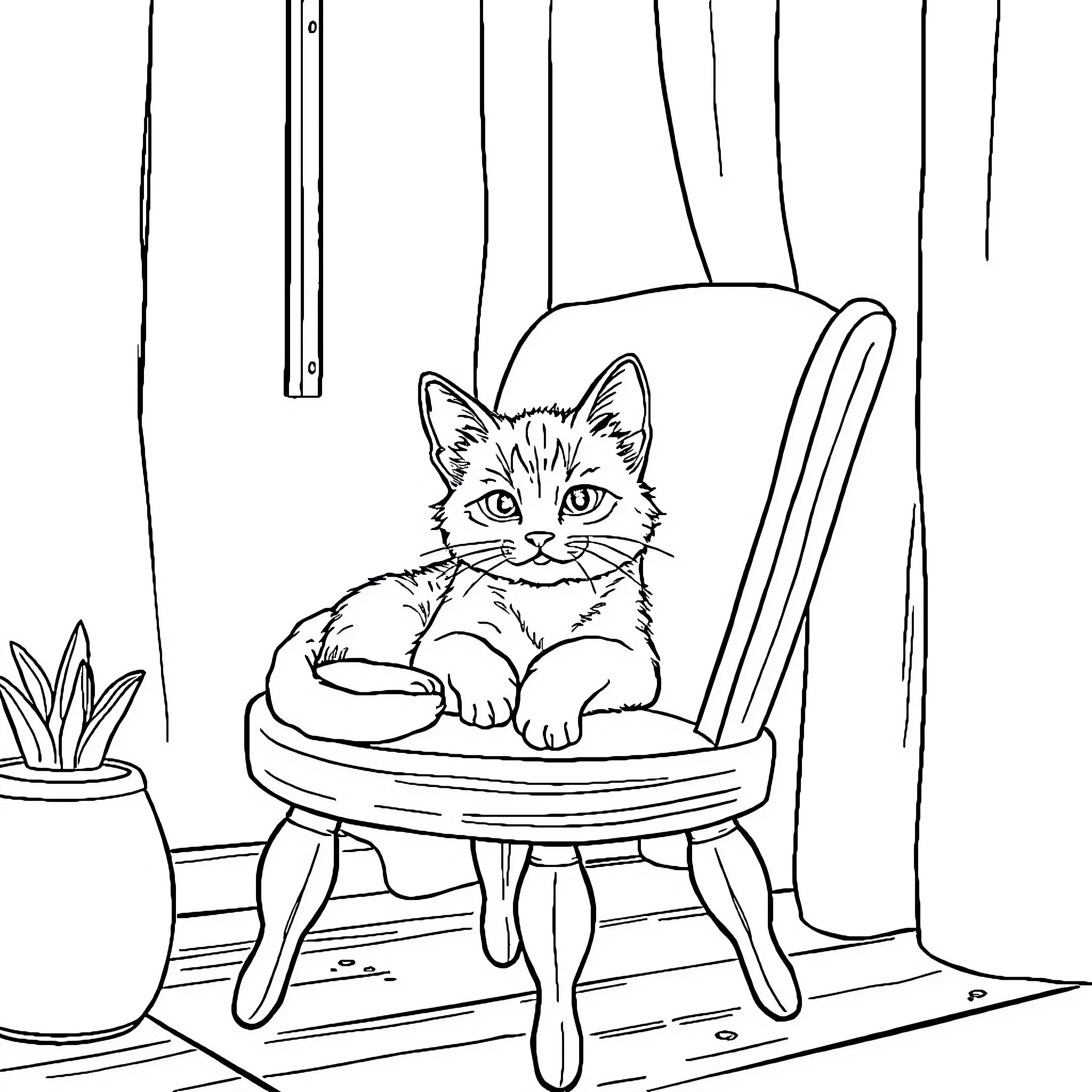 Cat resting comfortably on a chair Coloring Page (free black-and-white line drawing printable PDF for all, from beginners to advanced learners, including children, teens, adults, and seniors)
