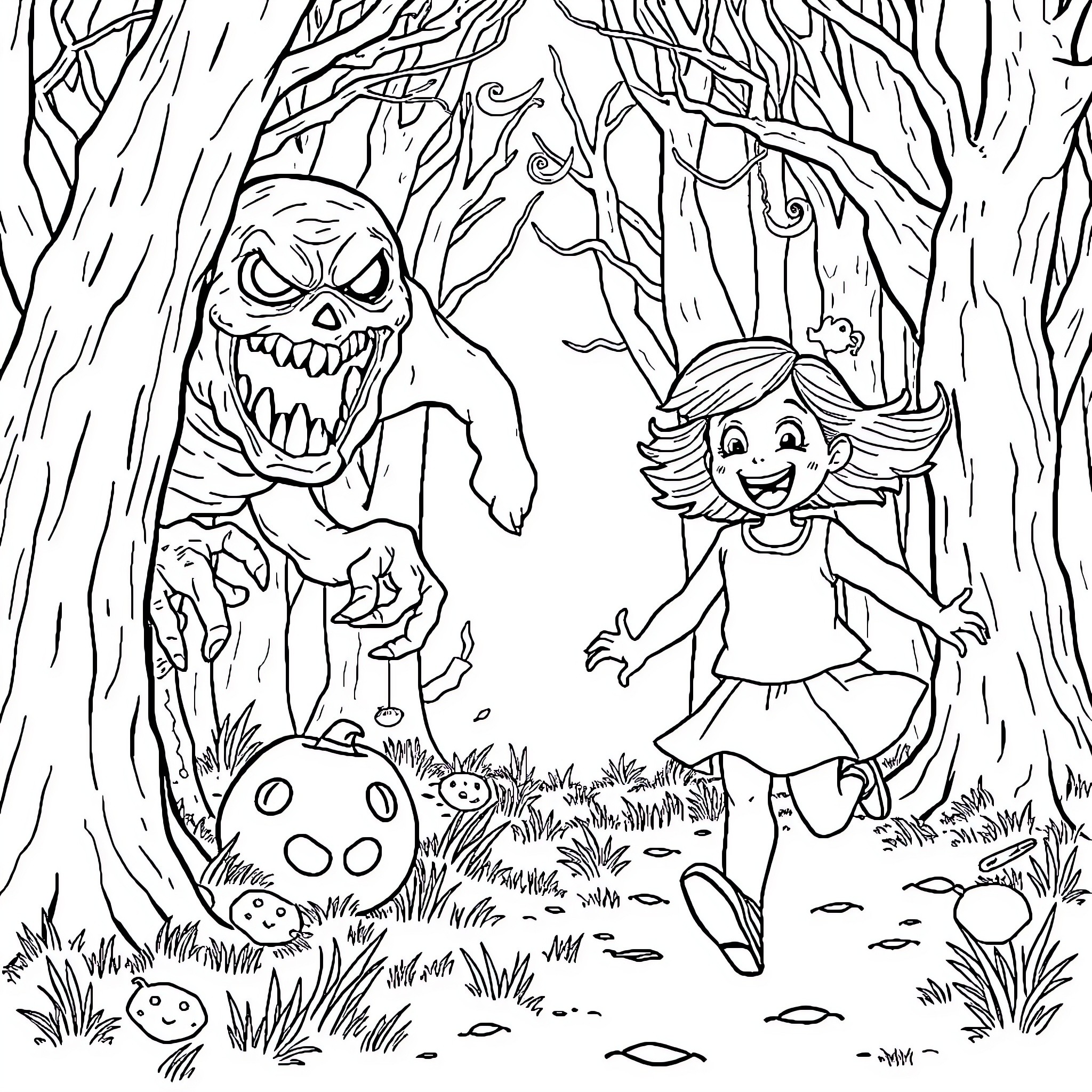 Girl exploring the spooky forest with a monster Coloring Page (free black-and-white line drawing printable PDF for all, from beginners to advanced learners, including children, teens, adults, and seniors)