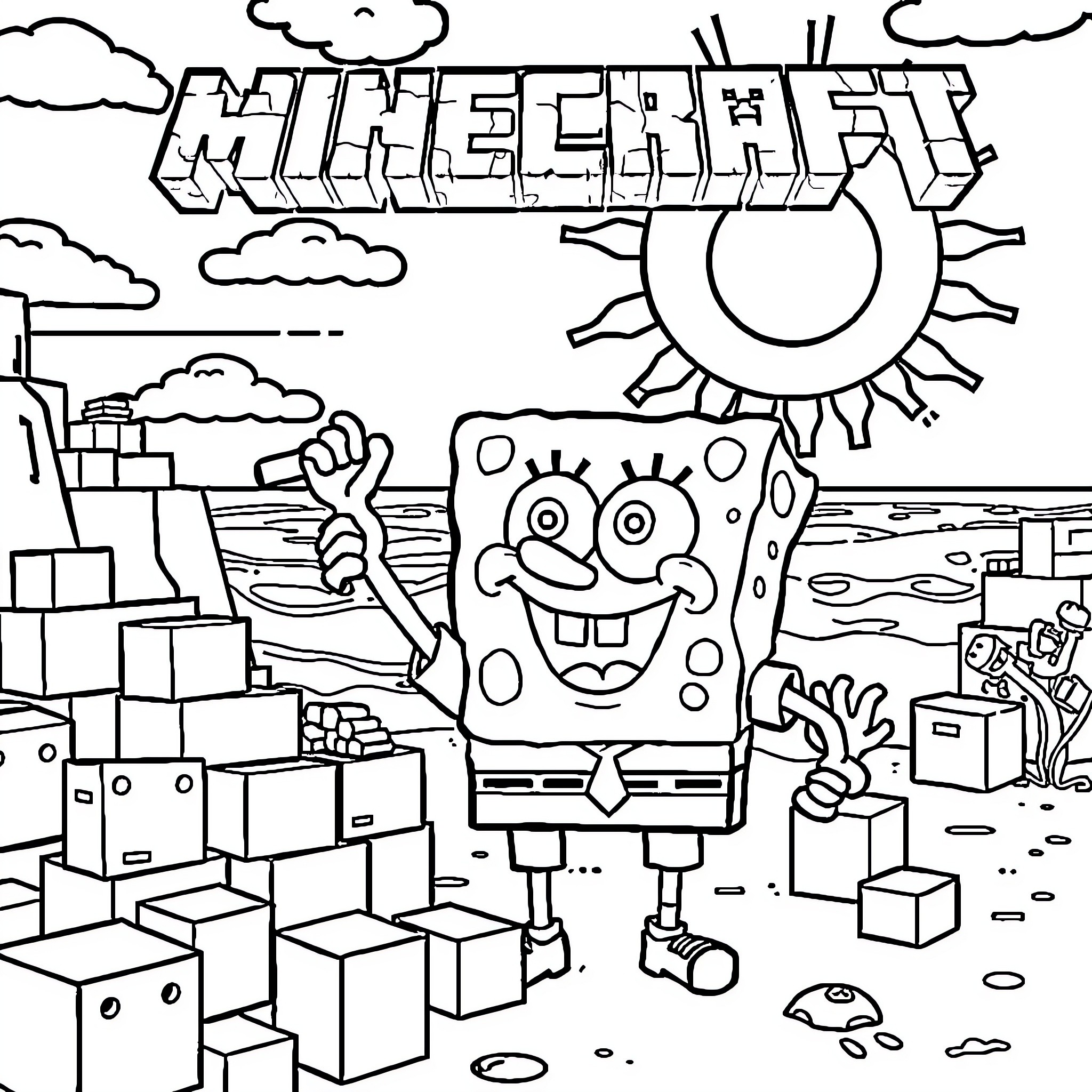 Spongebob in a Minecraft-inspired landscape Coloring Page (free black-and-white line drawing printable PDF for all, from beginners to advanced learners, including children, teens, adults, and seniors)