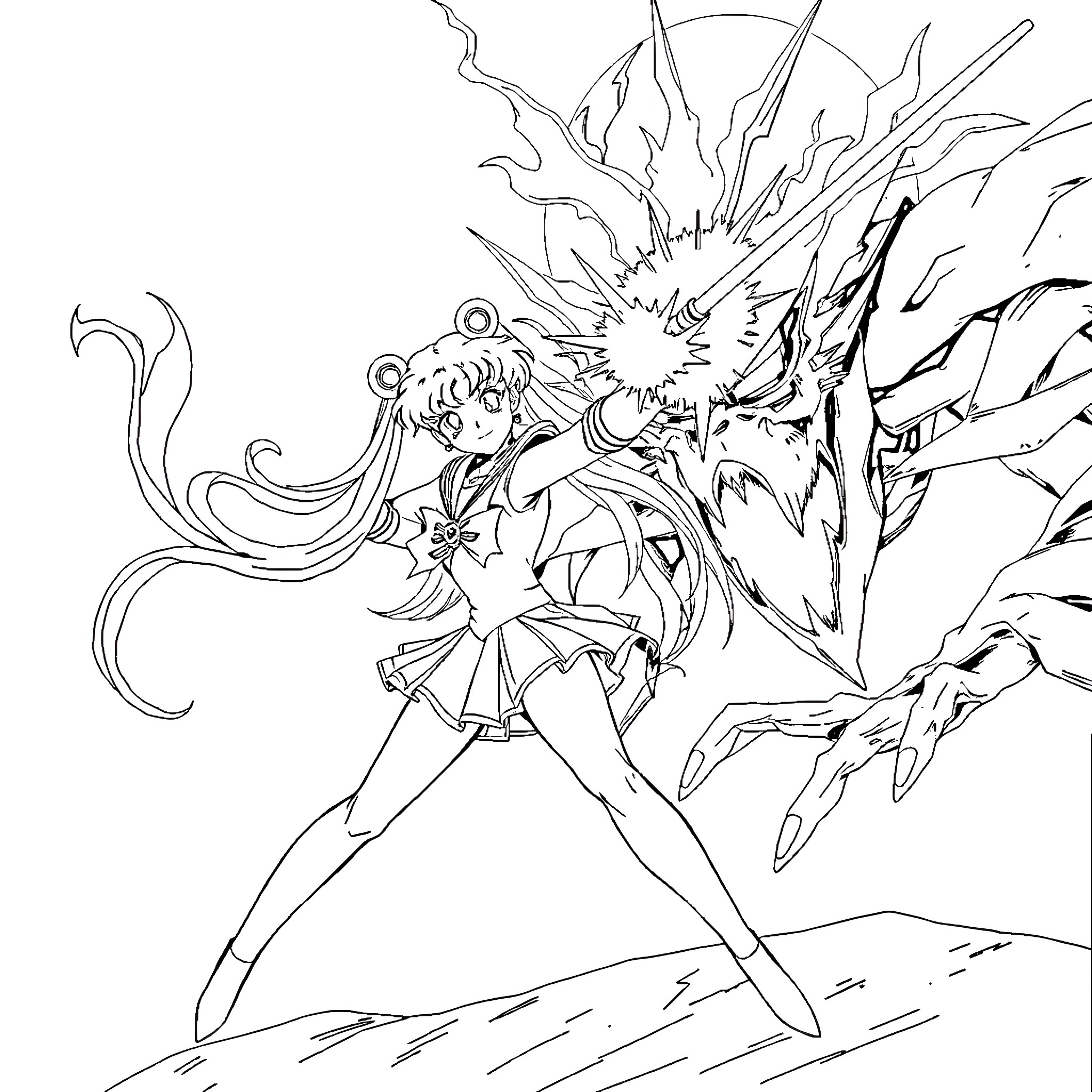 Sailor Moon in a Powerful Attack Pose Coloring Page (free black-and-white line drawing printable PDF for all, from beginners to advanced learners, including children, teens, adults, and seniors)