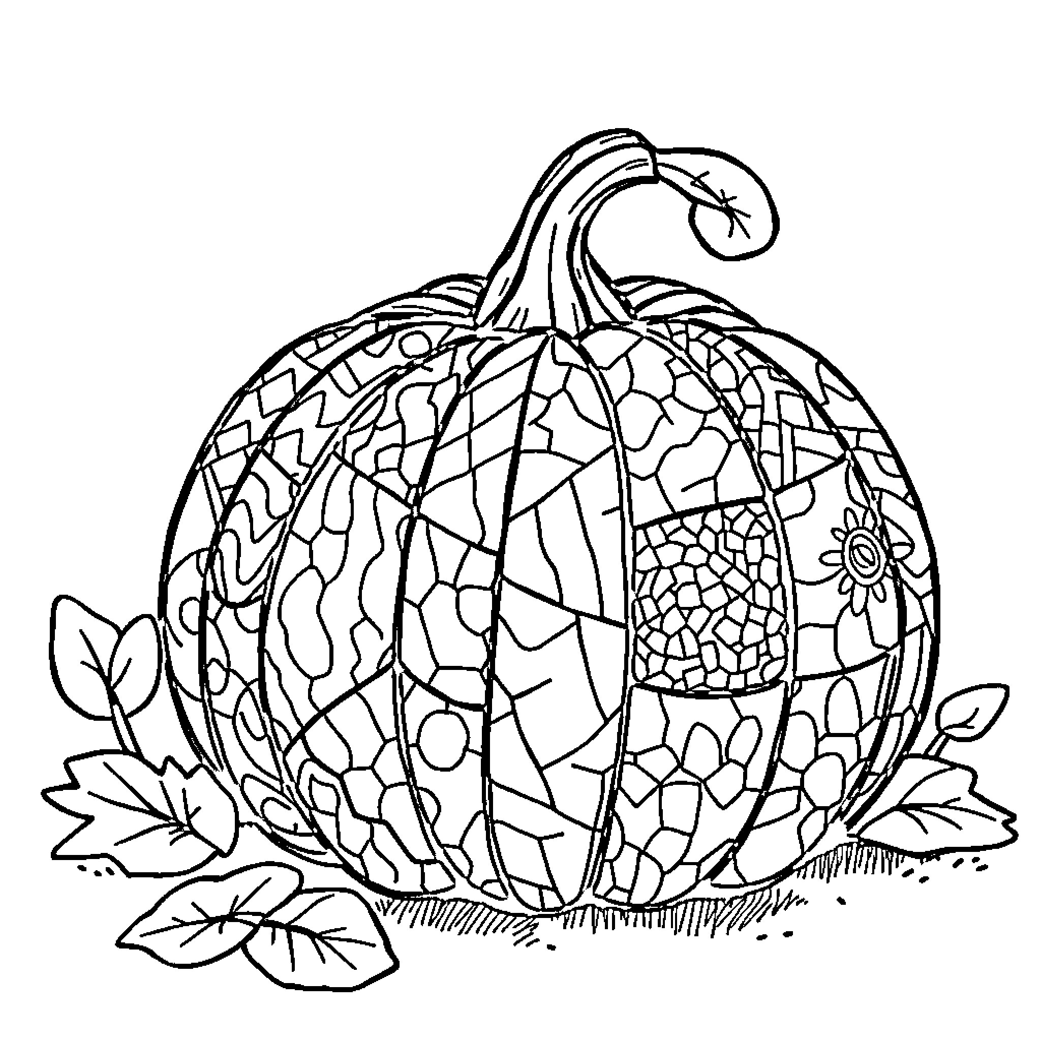 Pumpkin with intricate floral designs Coloring Page (free black-and-white line drawing printable PDF for all, from beginners to advanced learners, including children, teens, adults, and seniors)
