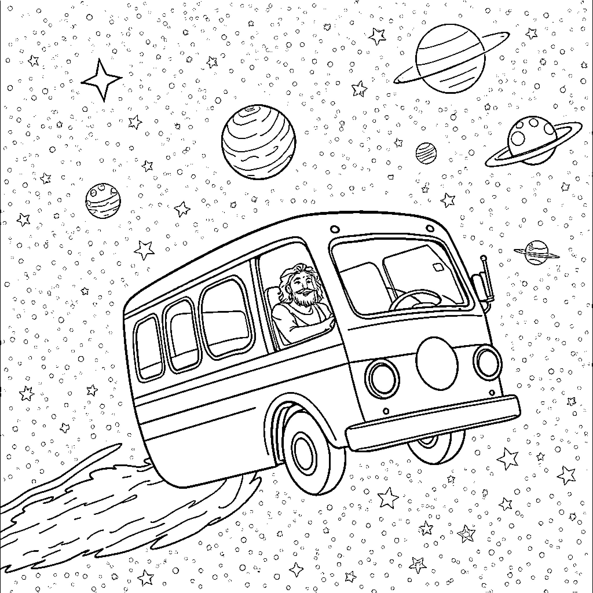 Bus on a Cosmic Journey with Whimsical Passengers Coloring Page (free black-and-white line drawing printable PDF for all, from beginners to advanced learners, including children, teens, adults, and seniors)