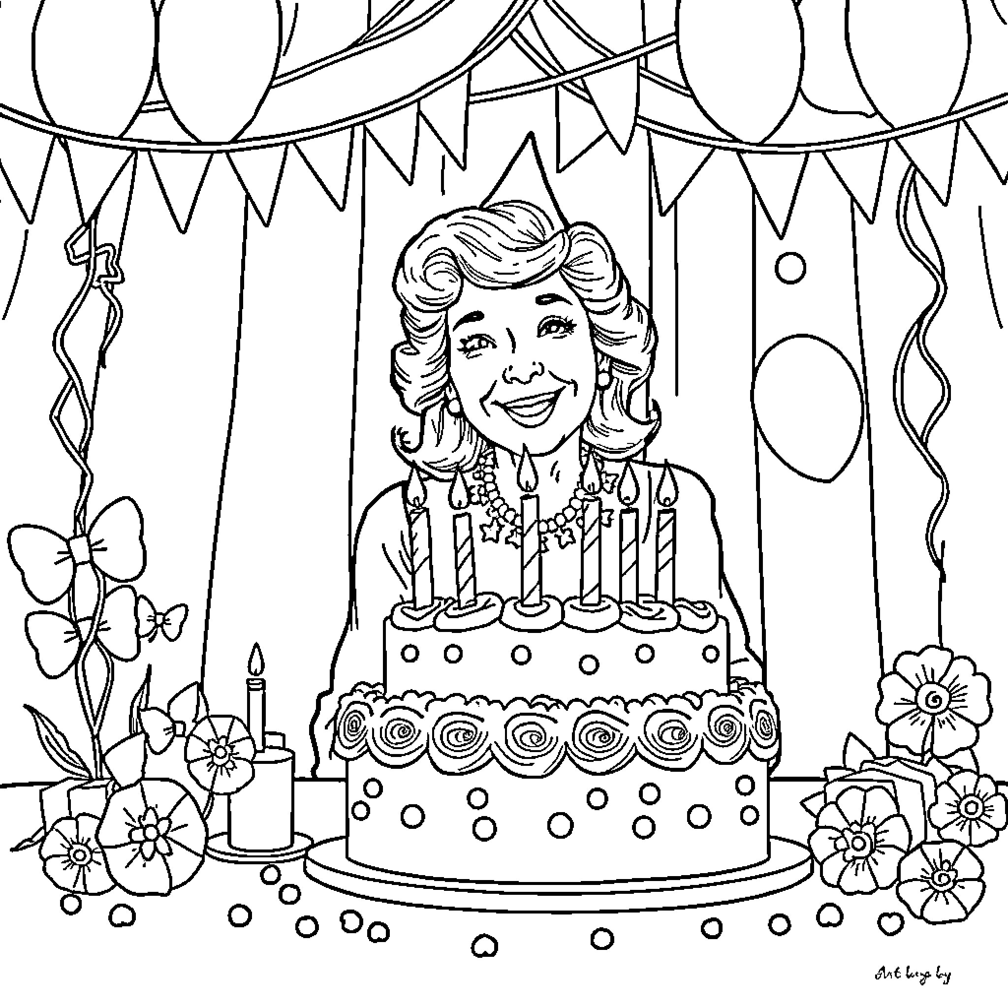 Juliette Gordon Lowe celebrating her birthday with a cake and decorations Coloring Page (free black-and-white line drawing printable PDF for all, from beginners to advanced learners, including children, teens, adults, and seniors)