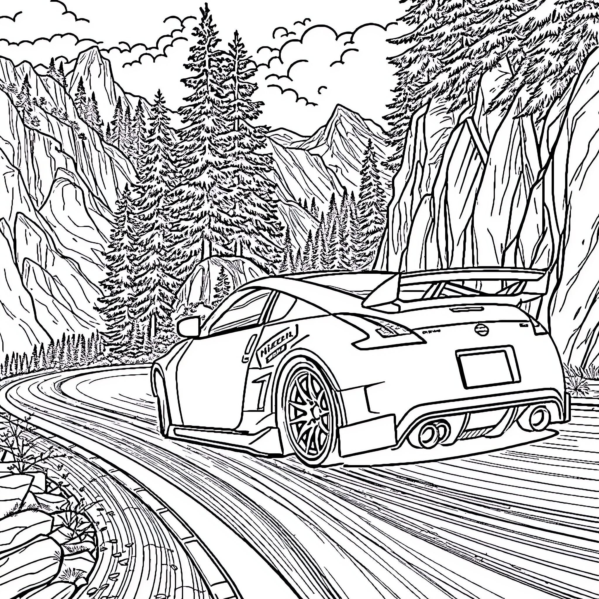 Nissan sports car speeding through scenic mountain roads Coloring Page (free black-and-white line drawing printable PDF for all, from beginners to advanced learners, including children, teens, adults, and seniors)