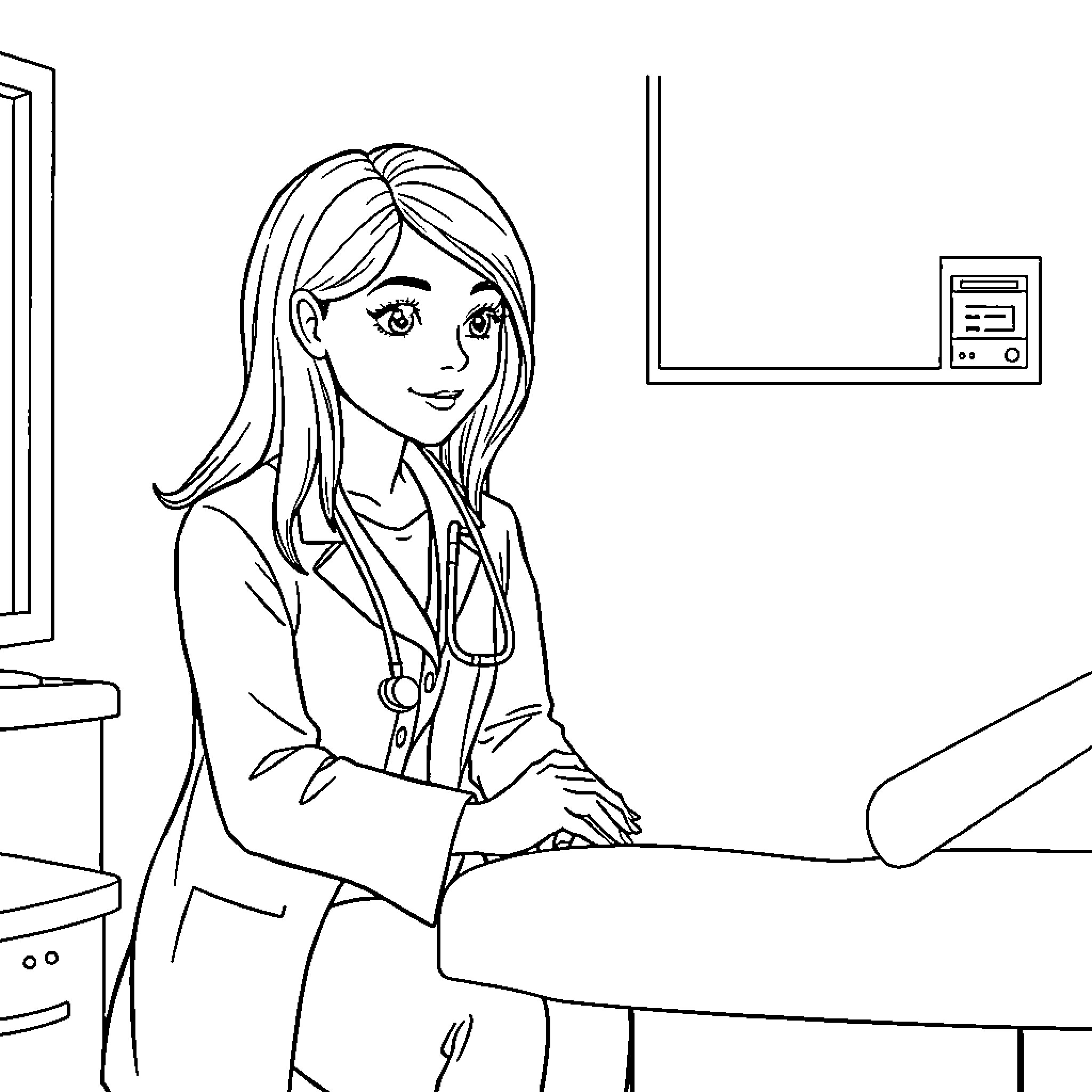 Doctor Attending to Patient in Medical Office Coloring Page (free black-and-white line drawing printable PDF for all, from beginners to advanced learners, including children, teens, adults, and seniors)
