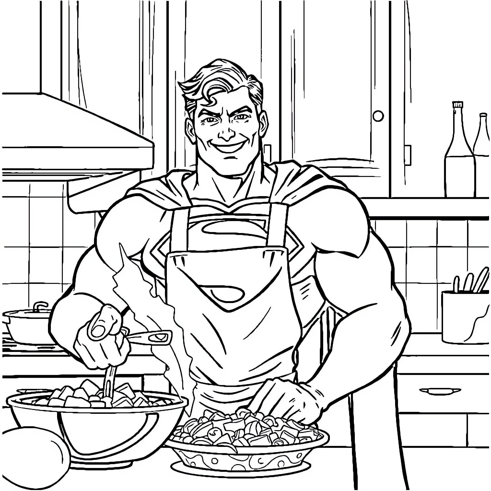 Superman cooking a delicious meal in the kitchen Coloring Page (free black-and-white line drawing printable PDF for all, from beginners to advanced learners, including children, teens, adults, and seniors)