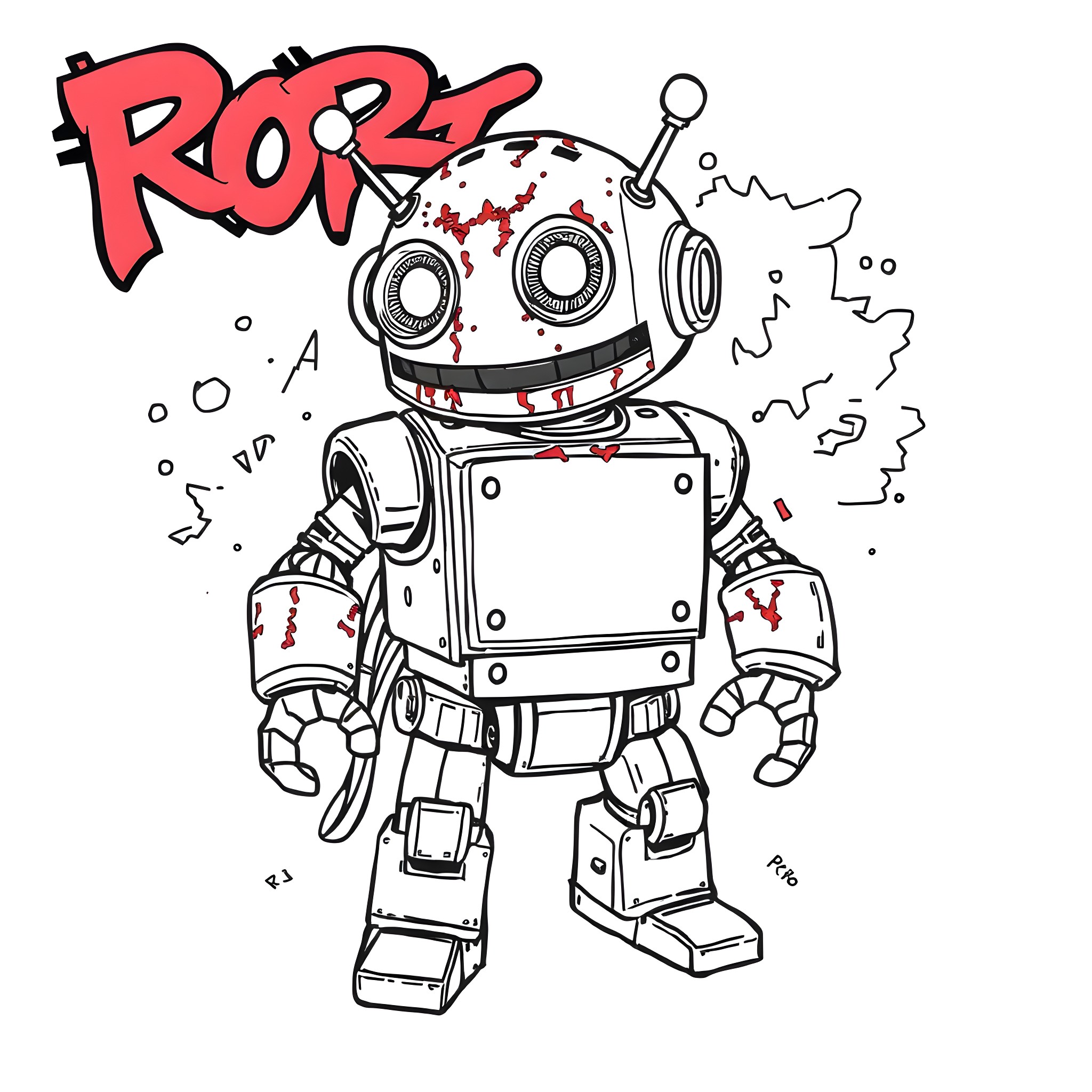 Robot in distress with damaged body Coloring Page (free black-and-white line drawing printable PDF for all, from beginners to advanced learners, including children, teens, adults, and seniors)