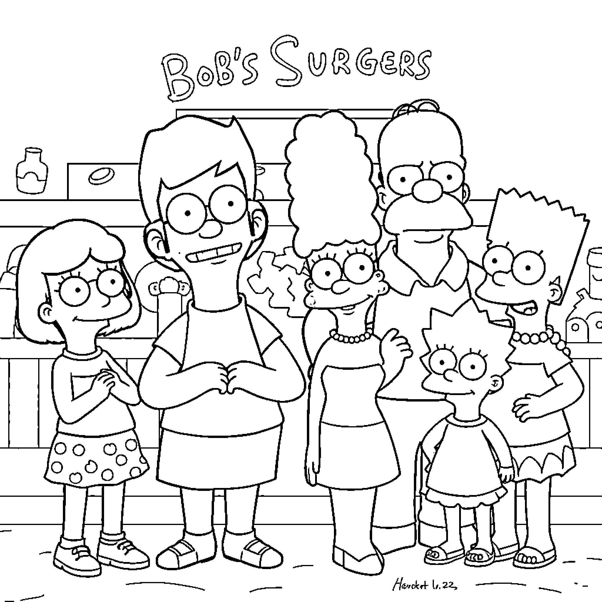 Family enjoying burger at the diner Coloring Page (free black-and-white line drawing printable PDF for all, from beginners to advanced learners, including children, teens, adults, and seniors)
