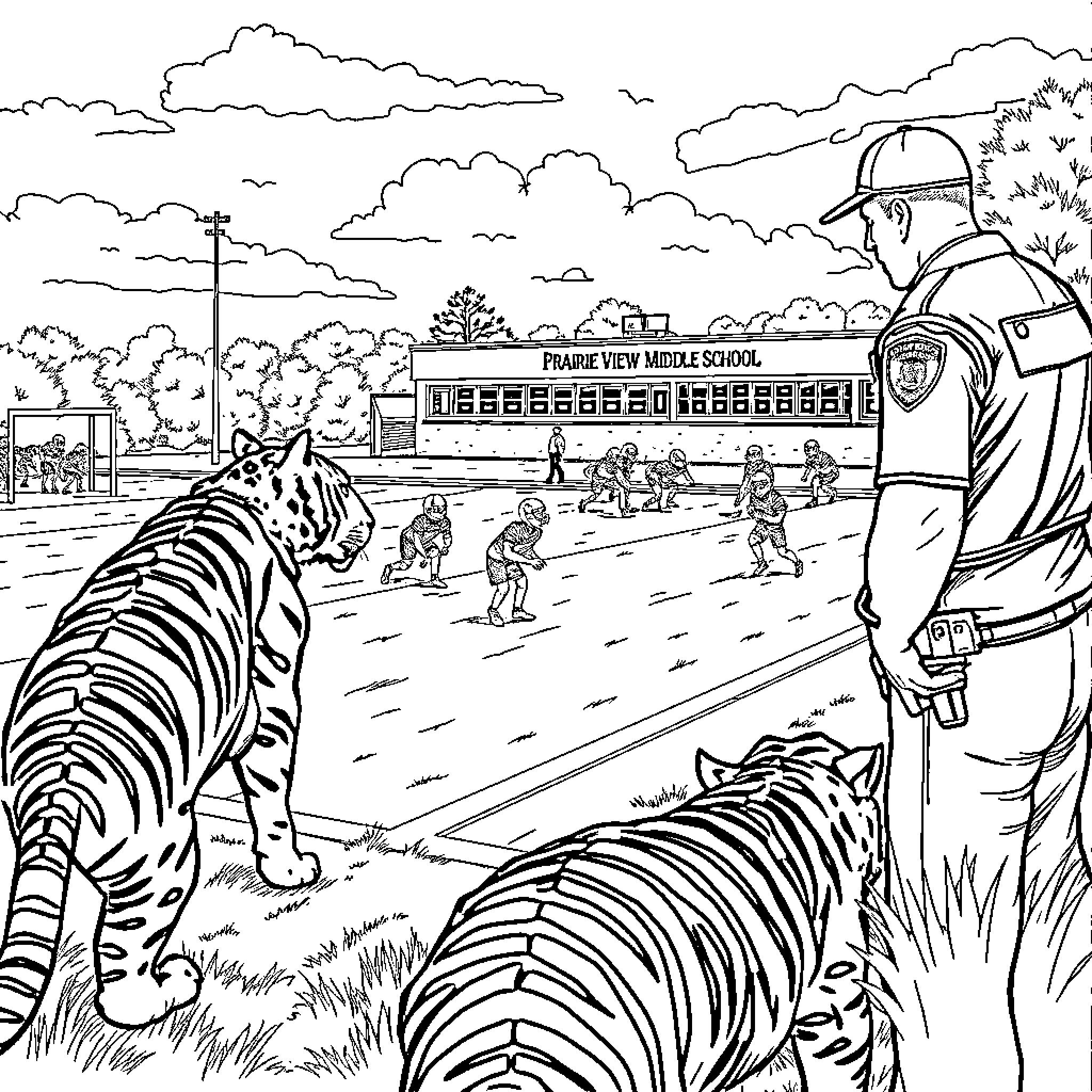 Tigers Observed by Uniformed Officer at School Bus Stop Coloring Page (free black-and-white line drawing printable PDF for all, from beginners to advanced learners, including children, teens, adults, and seniors)