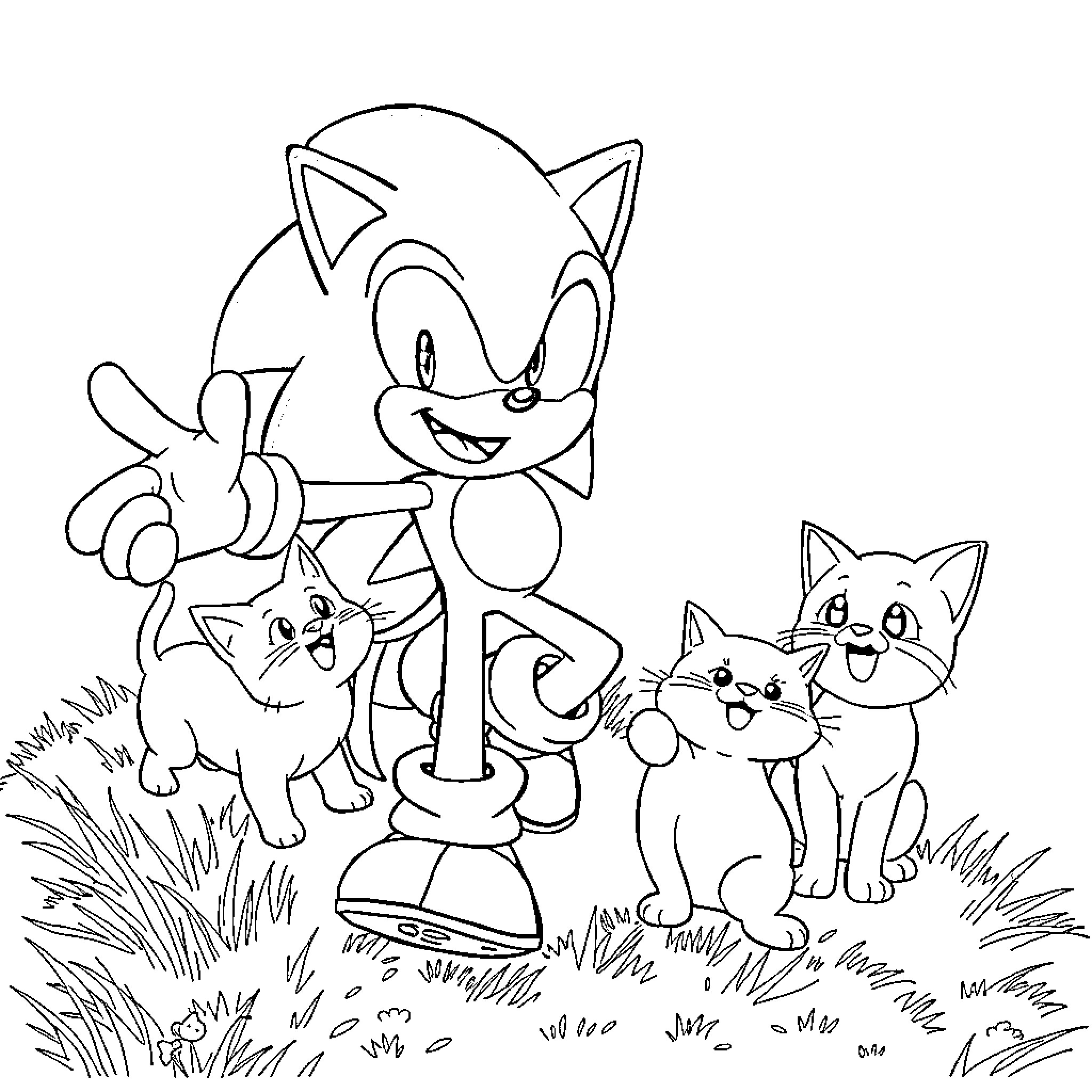 Sonic's Playful Adventure with Friendly Kittens Coloring Page (free black-and-white line drawing printable PDF for all, from beginners to advanced learners, including children, teens, adults, and seniors)