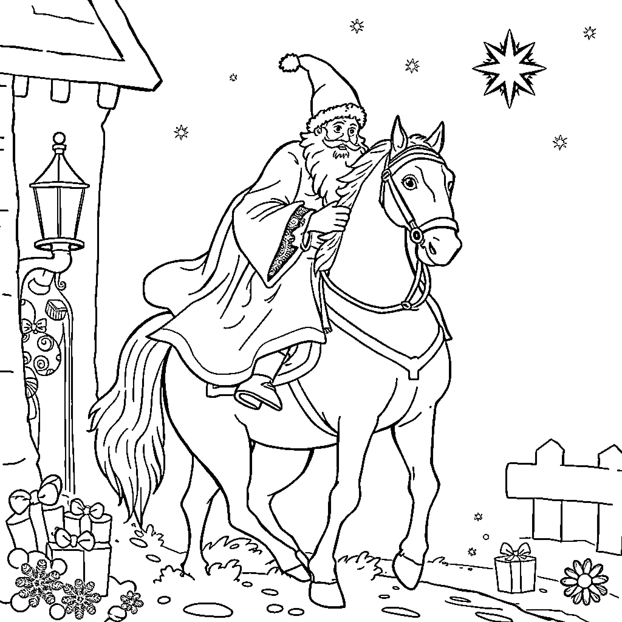 Sinterklaas riding horse on snowy night with gifts Coloring Page (free black-and-white line drawing printable PDF for all, from beginners to advanced learners, including children, teens, adults, and seniors)